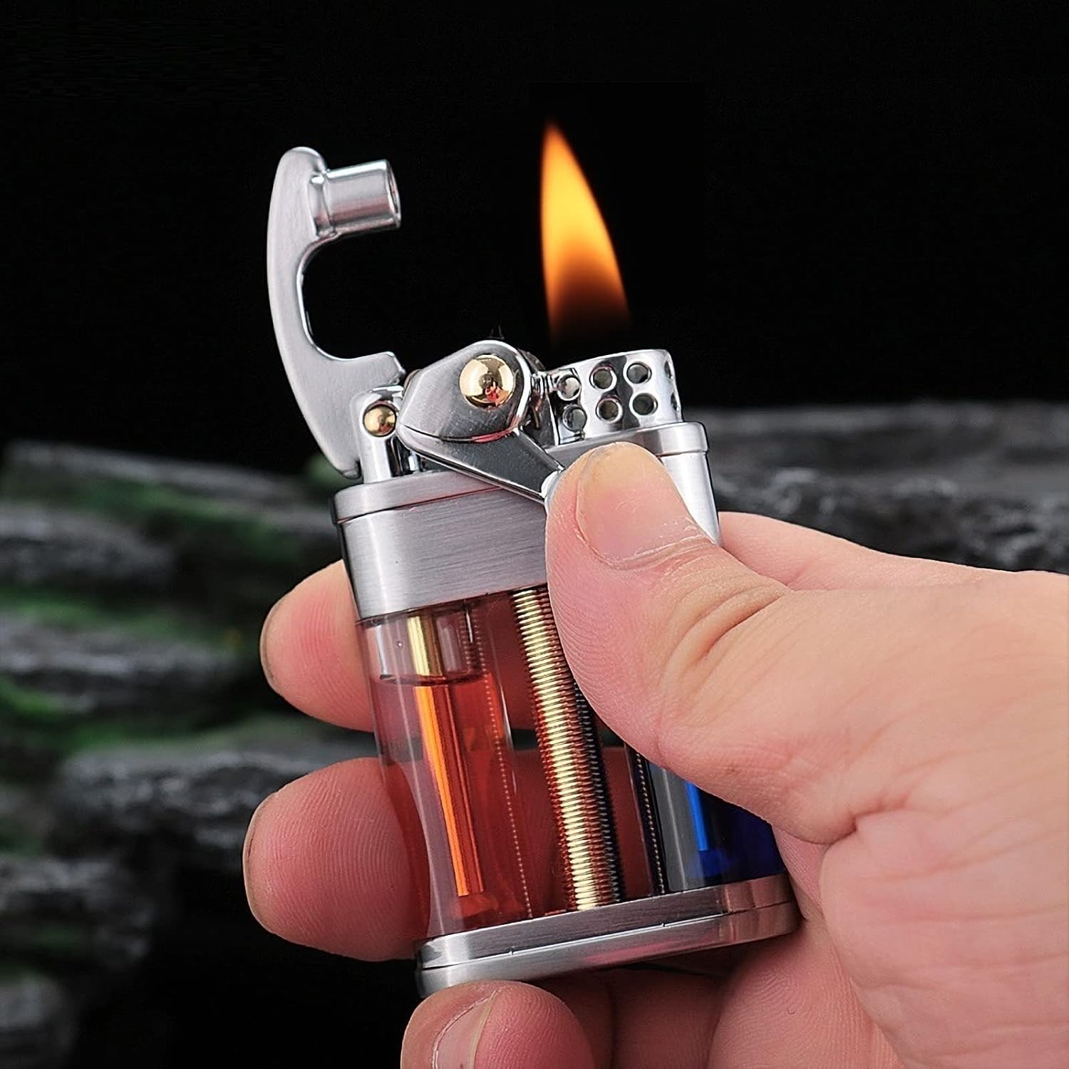 Vintage Antique Lighter Cool Pipe Lighter Creative Transparent Lighter Refillable Fluid Windproof Lighter for Men (Black)