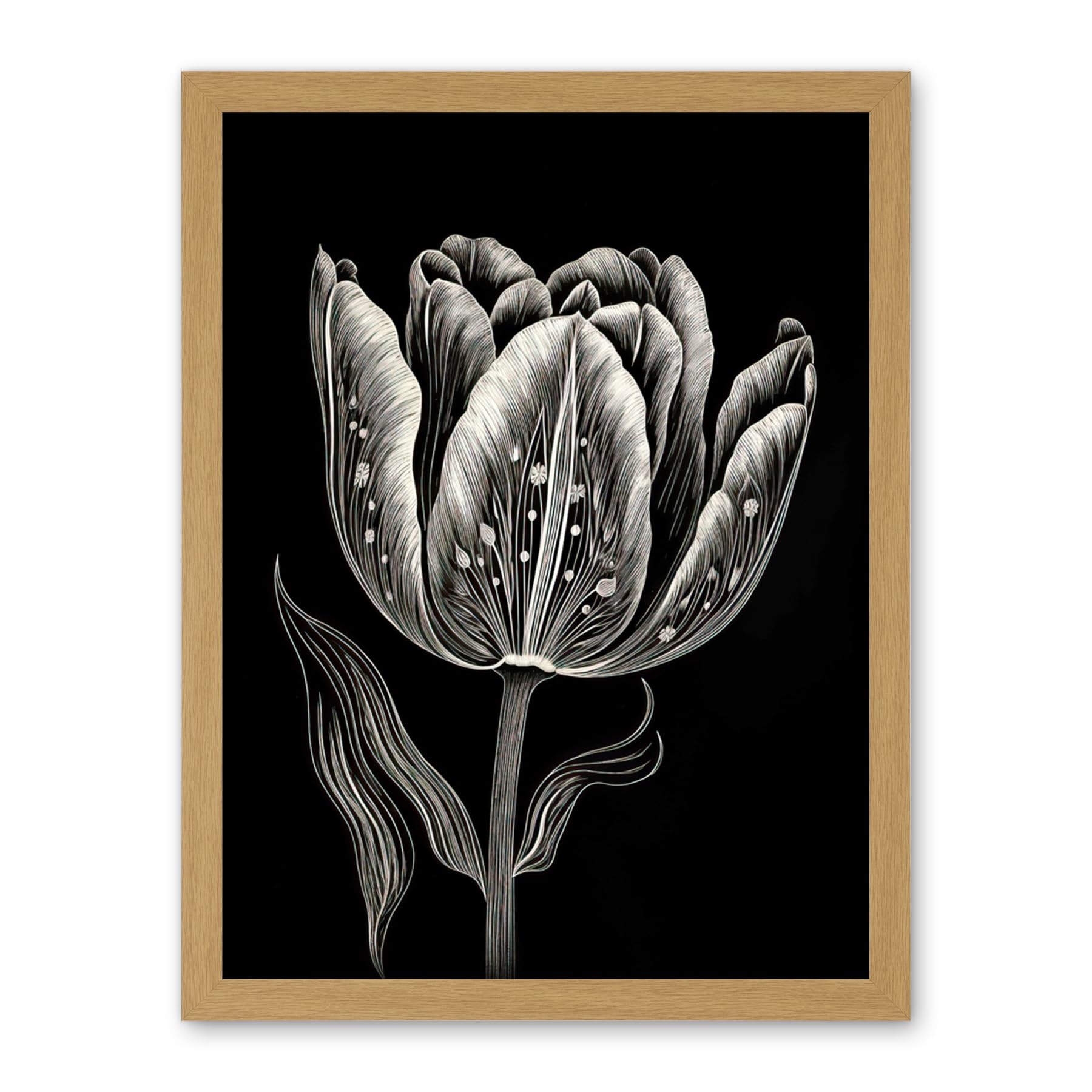 Artery8 Tulip Flower White on Black Blind Contour Folk Art Artwork Framed Wall Art Print 18X24 Inch