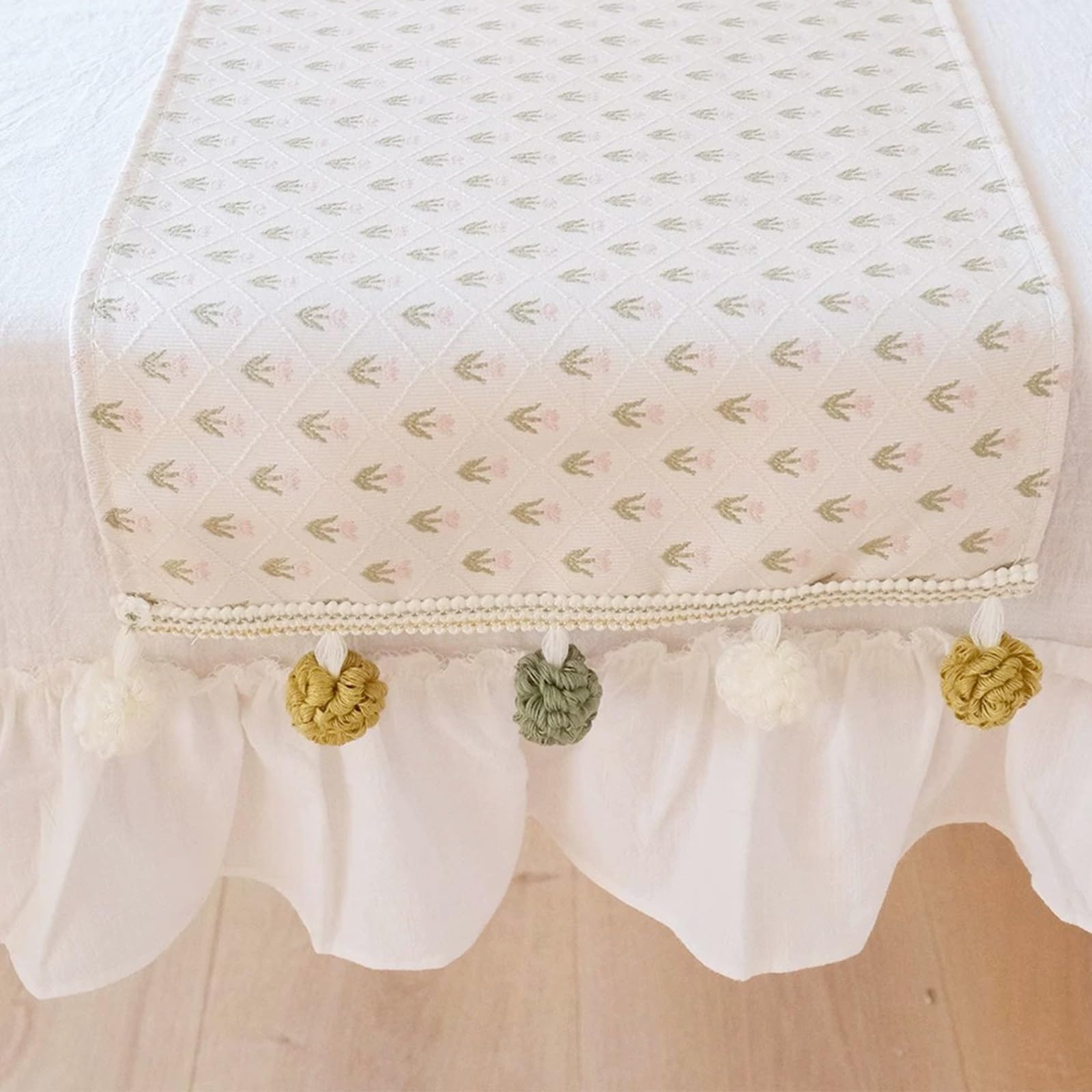 Floral Table Runner With a Pastoral Style,Table Runner with Colorful Pom-pom Tassels,Suitable for Dining Tables, Entryway Consoles, Kitchens, and Home Decor(L250cm/98.4in)