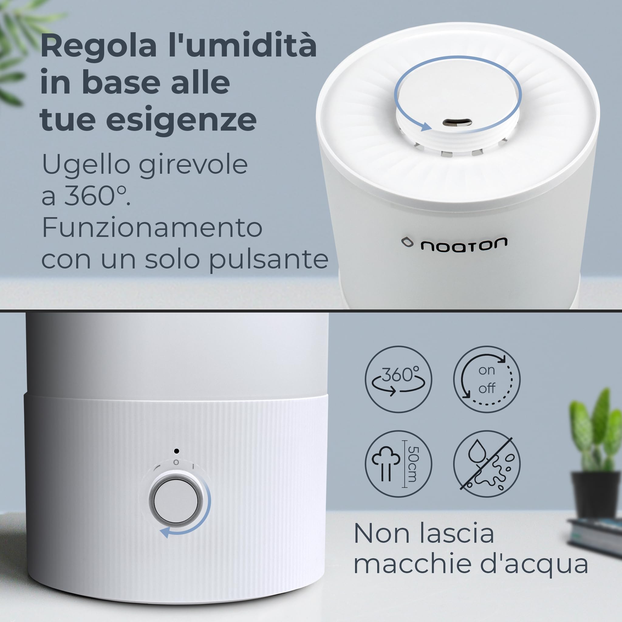 Noaton Essential Umidificatore 3,3L Ultrasuoni Ambiente Bambini, 33h, con Luce e Aromaterapia, Controllo della Nebbia, per Qualsiasi Camera, Silenzioso, Adatto per Piante…