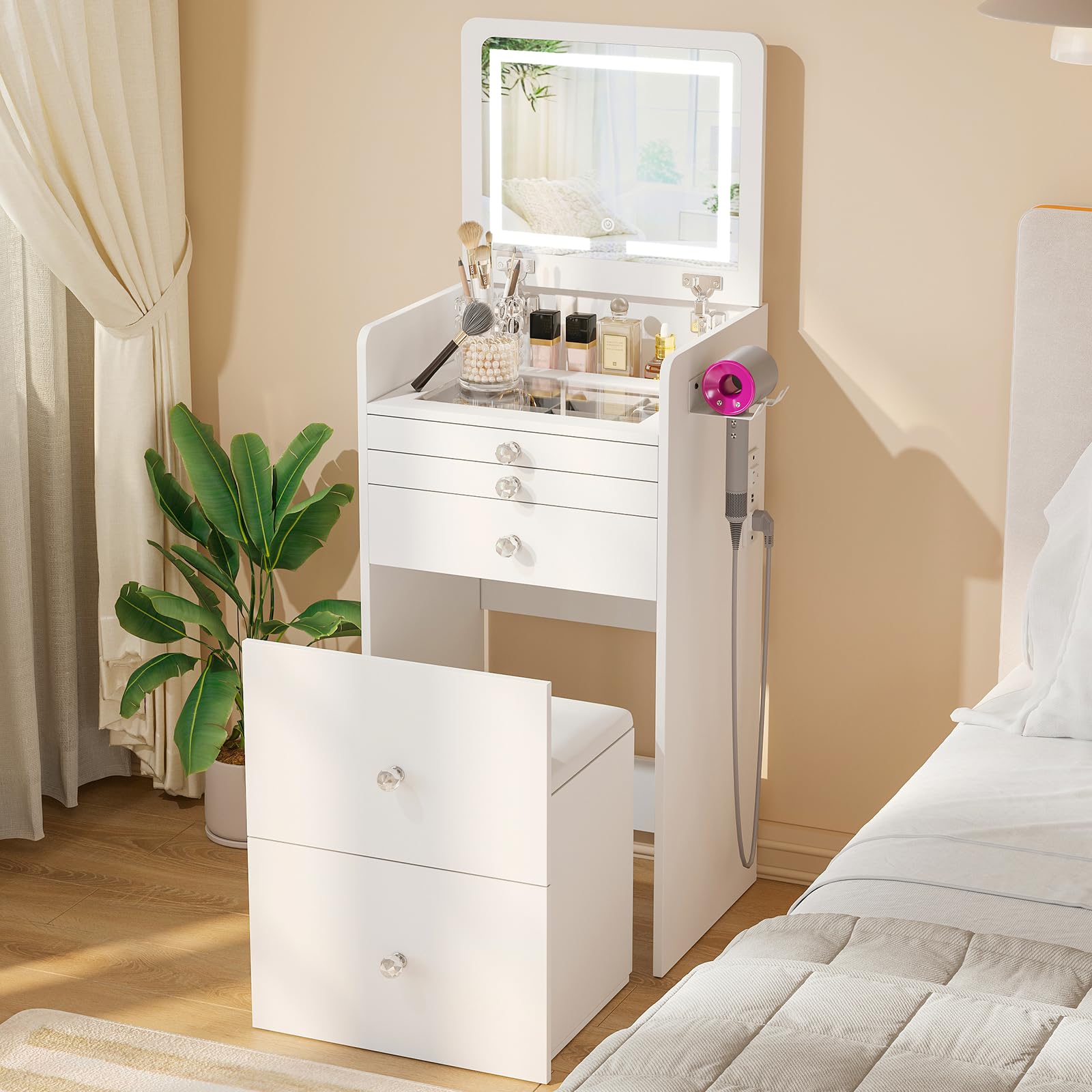 VOWNER 3-in-1 Small Vanity Table with Flip Top LED Light Mirror