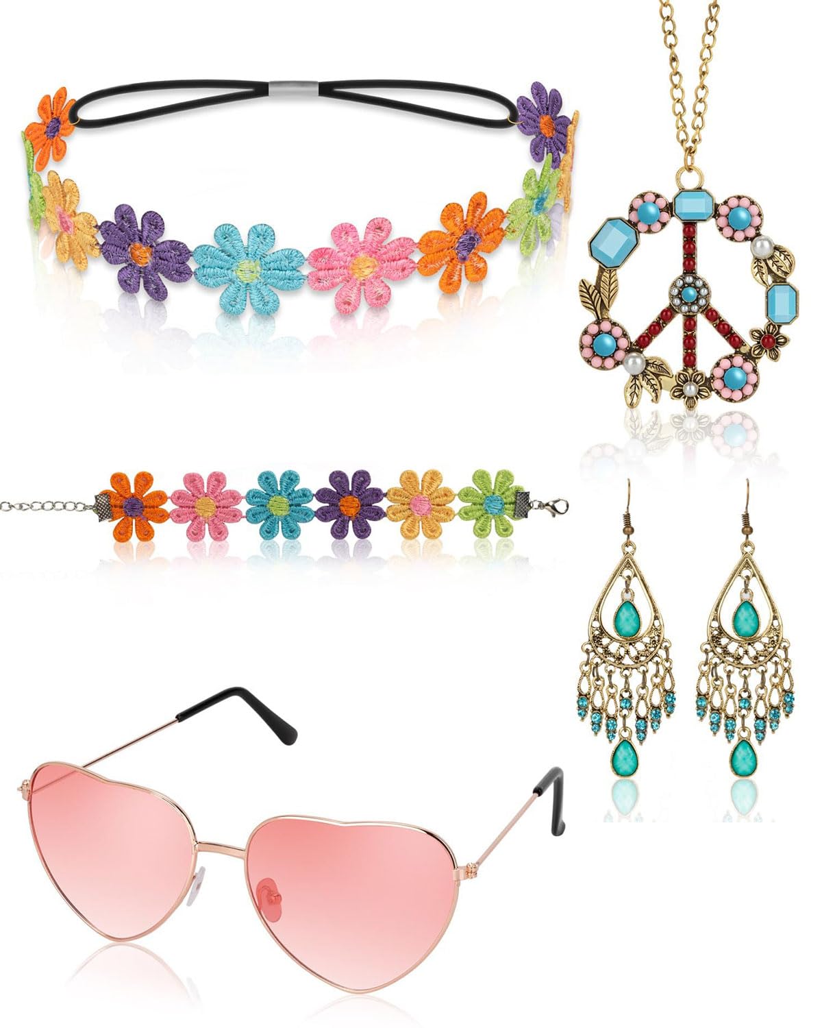 BARRU Hippie Costume Set with Sunglasses 5 Pieces Hippie Clothes for Women Men Accessories for 60s 70s Clothes Peace Symbol Costume Bohemian Necklace Earrings - A