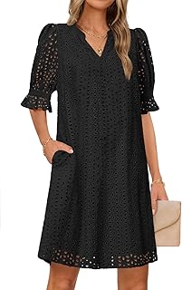 Women's 2025 Summer Short Sleeve Mini Dress V Neck Ruffle Hollow Out Eyelet Lace Dresses - Buy now