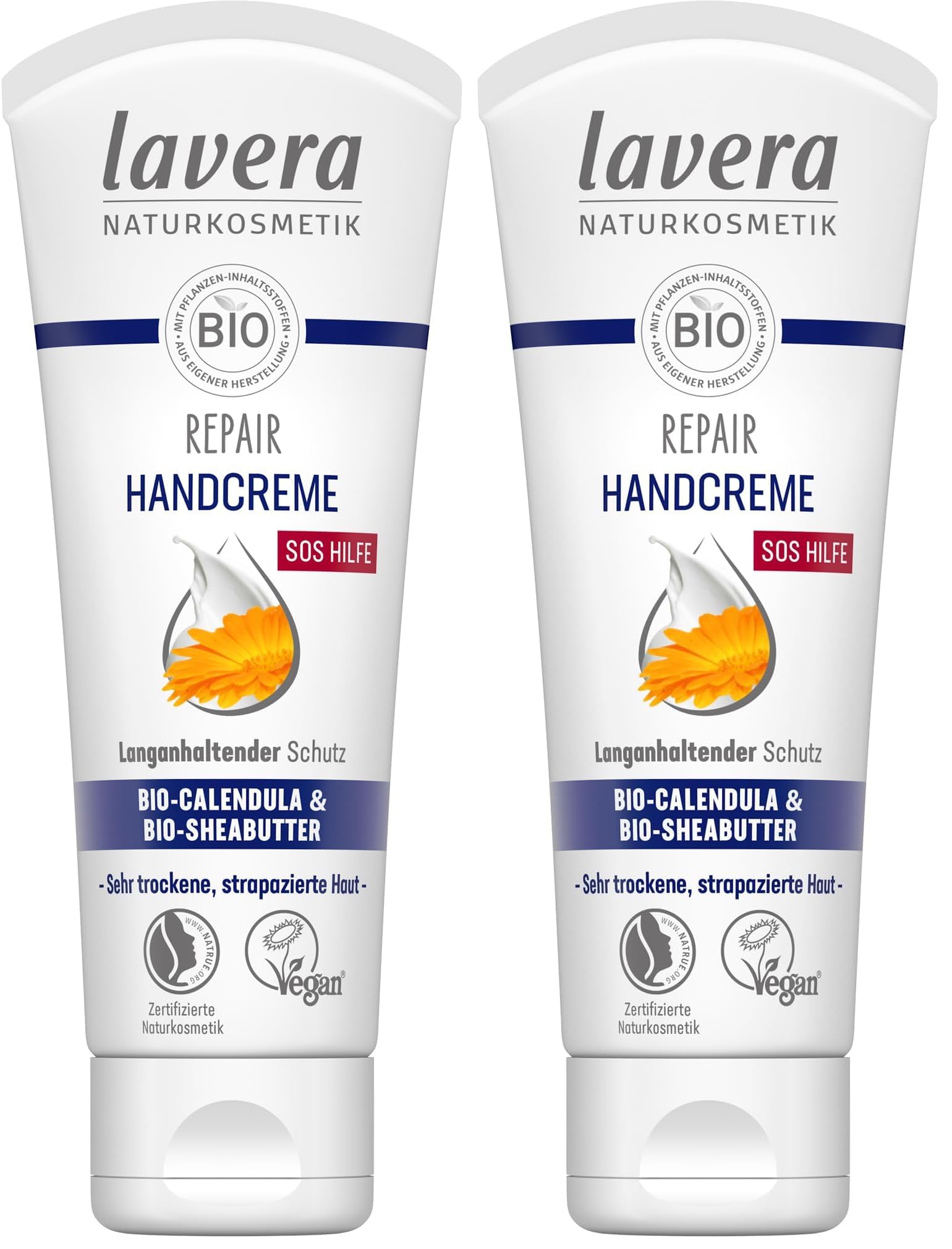 lavera Repair Handcreme – Bio Calendula und Sheabutter – SOS für beanspruchte Hände, langanhaltender Schutz – Vegan, Bio (1 x 75ml) (Packung mit 2)