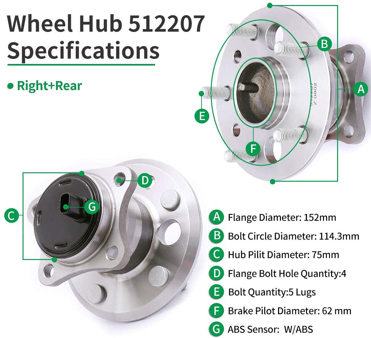 HICKS 512207 Rear Right Wheel Hub Bearing Assembly fit for 2002-2011 Toyota Camry (ABS Models), 2005-2012 Toyota Avalon (ABS Models)