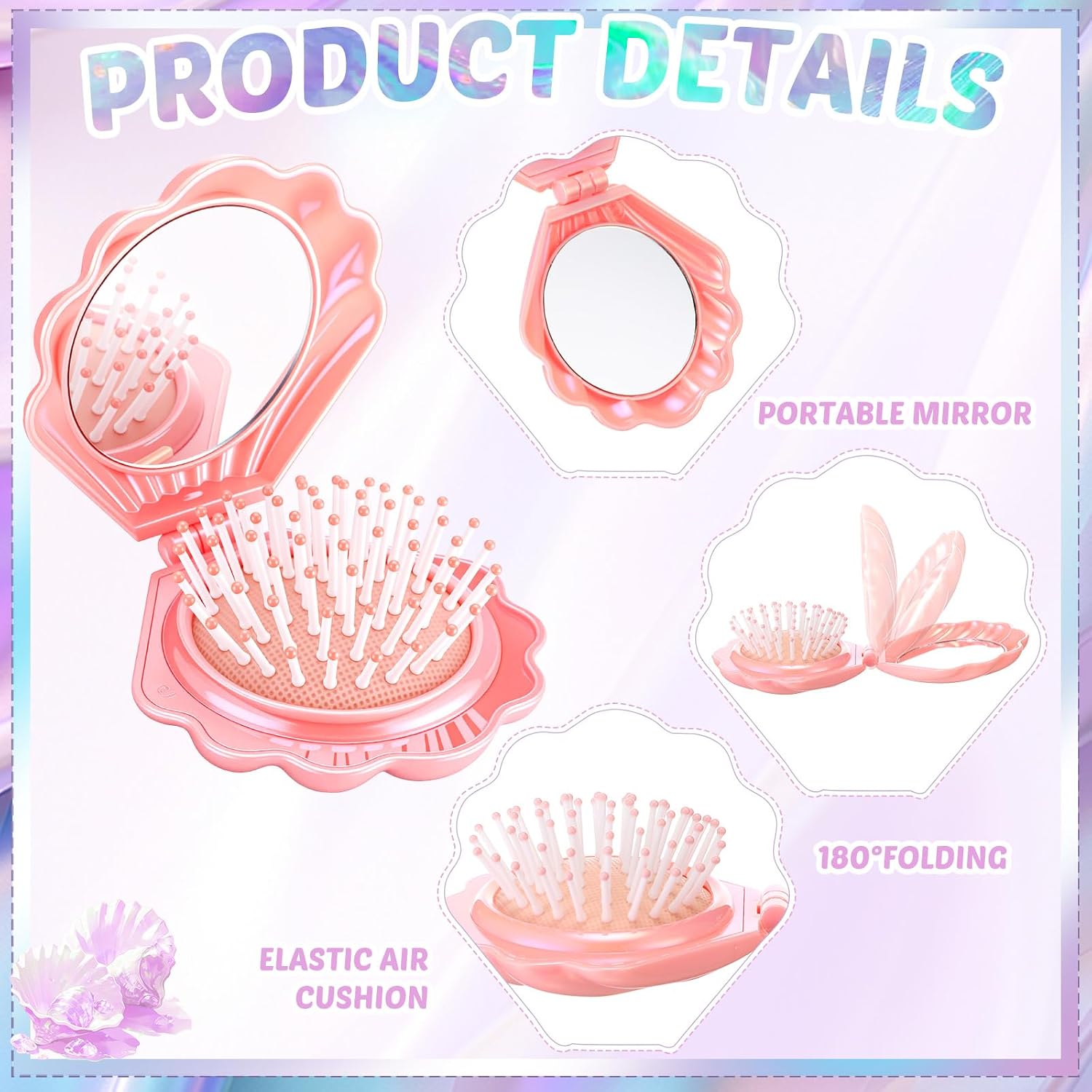 Meanplan 12 Pcs Mermaid Party Favors Shell Hair Brush with Mirror Foldable Mini Travel Pocket Hair Brush Compact Makeup Comb for Women Girls Valentines Day Birthday Gifts(3 Colors)