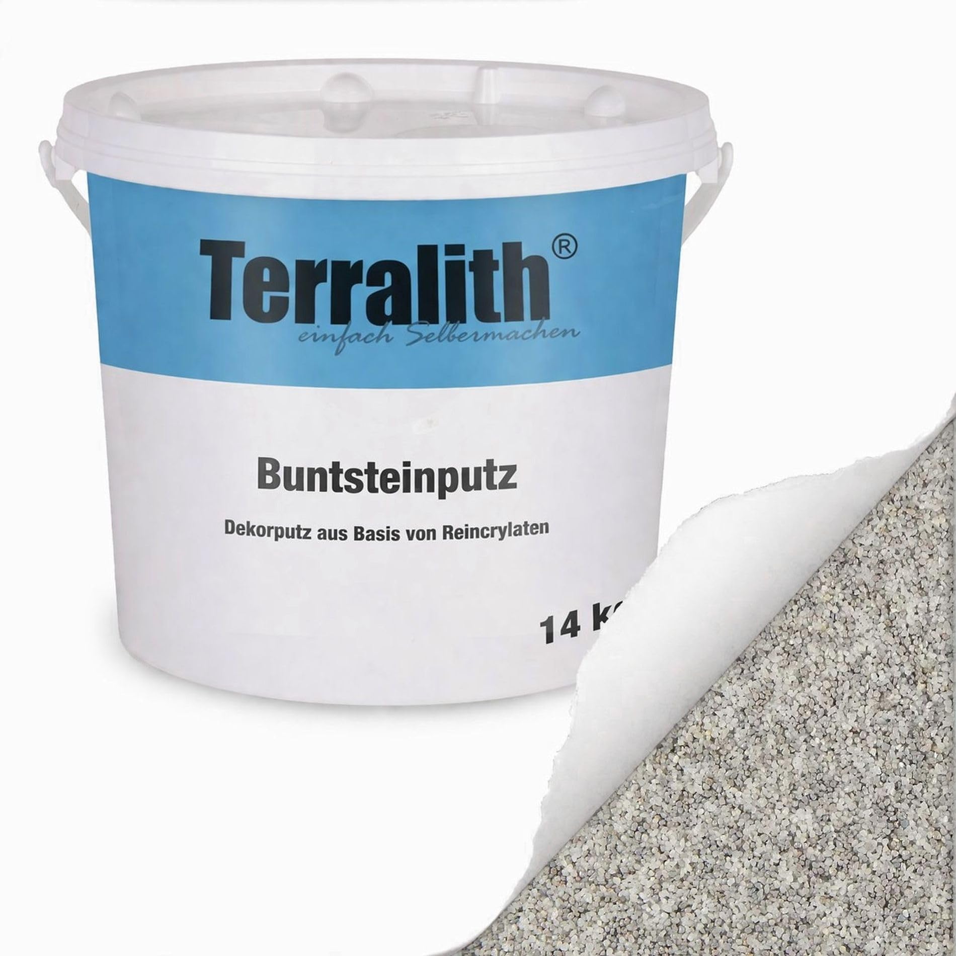 Terralith Buntsteinputz 14kg in hellgrau, Sockelputz für Innen und Außen mit Reinacrylat Bindemittel aus Naturstein, 1-2mm Körnung (BSP39)