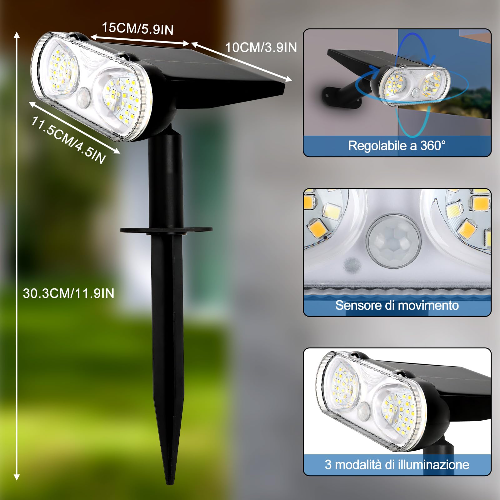 Faretti Solari LED da Esterno con Sensore di Movimento, 4 Pezzi Luci Solari da Giardino 3000K/4500K/6500K, 3 Modalità, Memoria, IP67 Impermeabile per Cortile Vialetto Prato Garage (4 Pezzi)