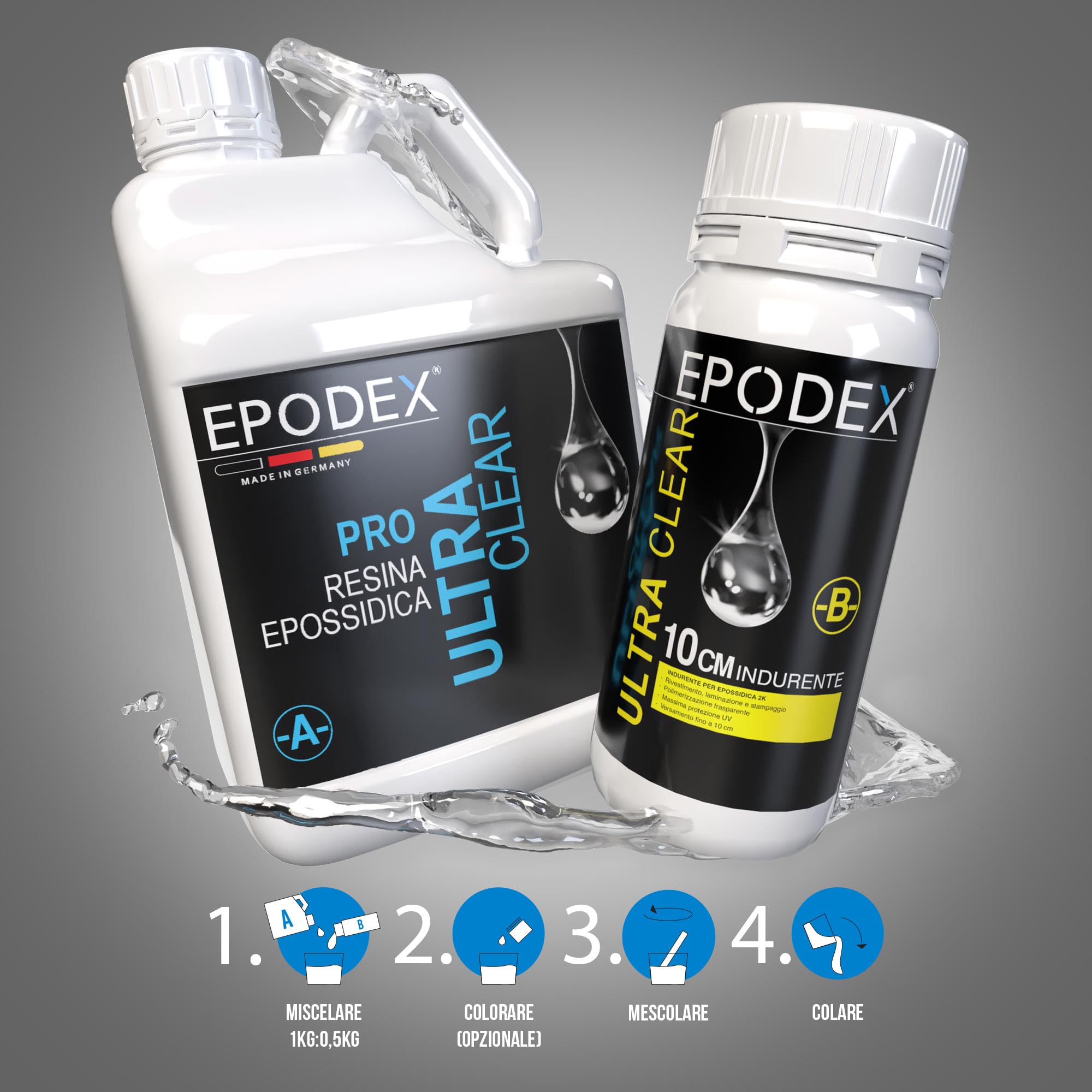EPODEX Resina Epossidica PRO MAX 10cm, BLUE - Transparent, 3kg | Resina epossidica trasparente kit cristallino, per river table, lampade, stampi alti e progetti ad alto volume