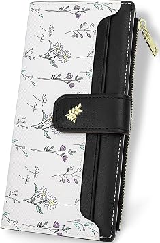Farcauo Purses for Women Long Ladies Purse RFID Wallet for Women Cute Wallets with Card Holder Black Ladies Kawaii Flower Card Wallets Coin Purse with Credit Card Holder