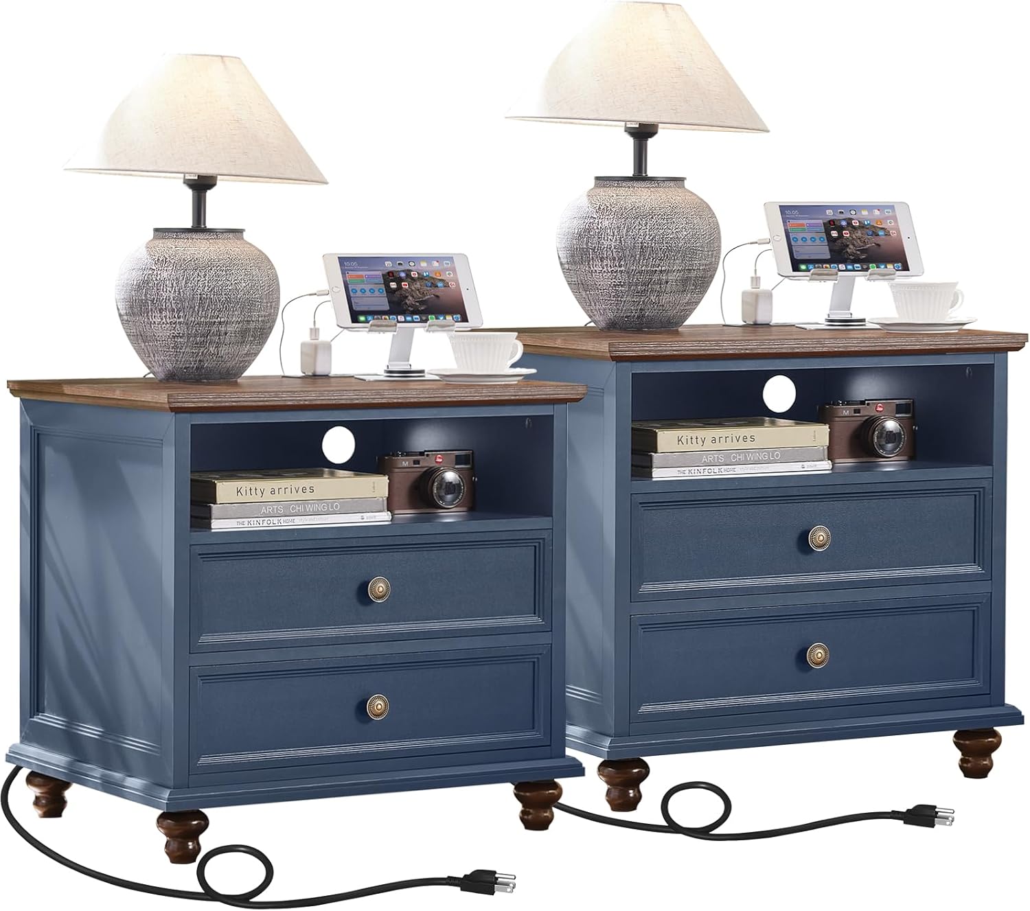 24" Wide Farmhouse Nightstand Set of 2 with Charging Station