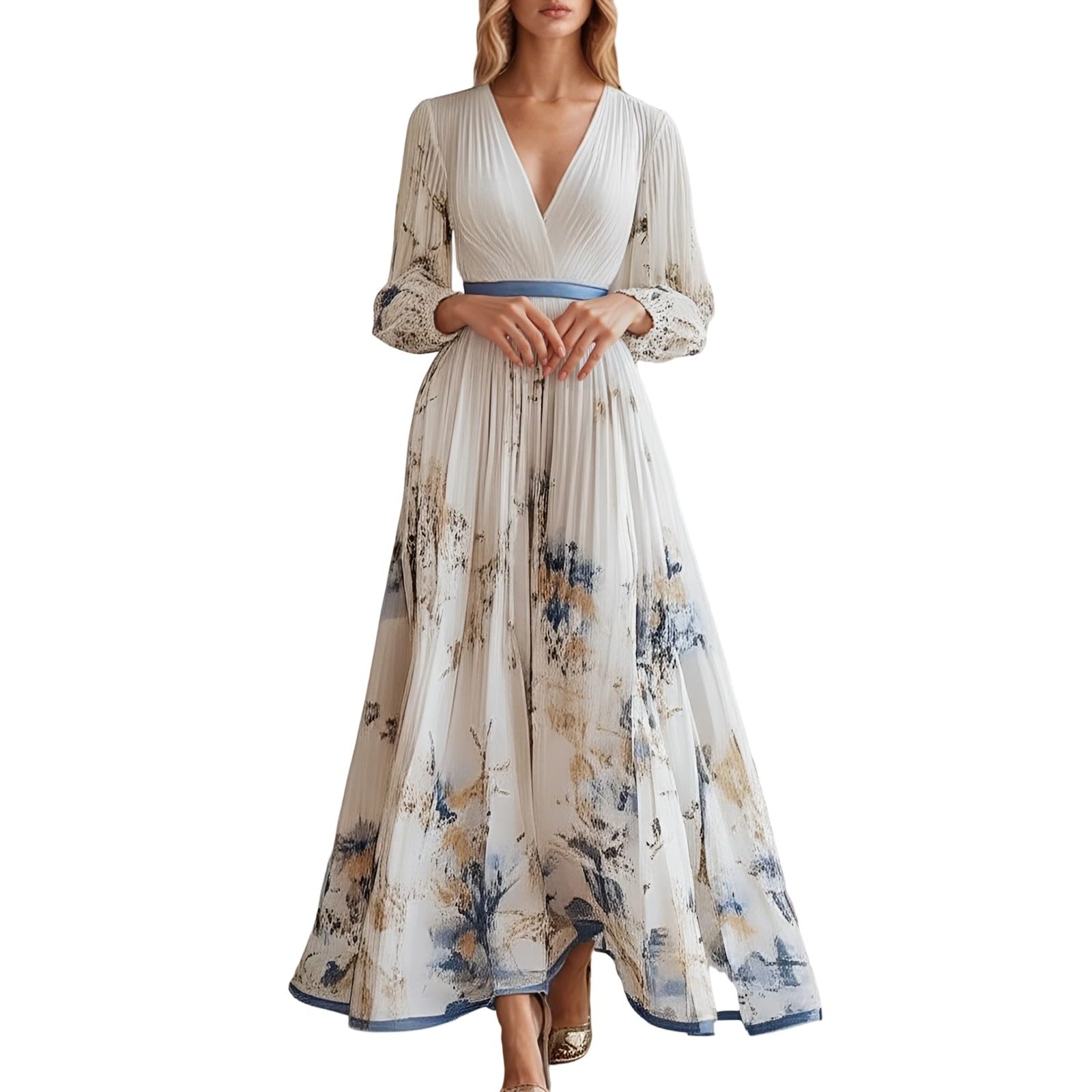 Robe de soirée élégante pour mariage, robe de cocktail trapèze pour femme, robe en mousseline de soie, col en V, robe maxi d'été taille haute, robe florale, robe de cocktail, robe d'été décontractée