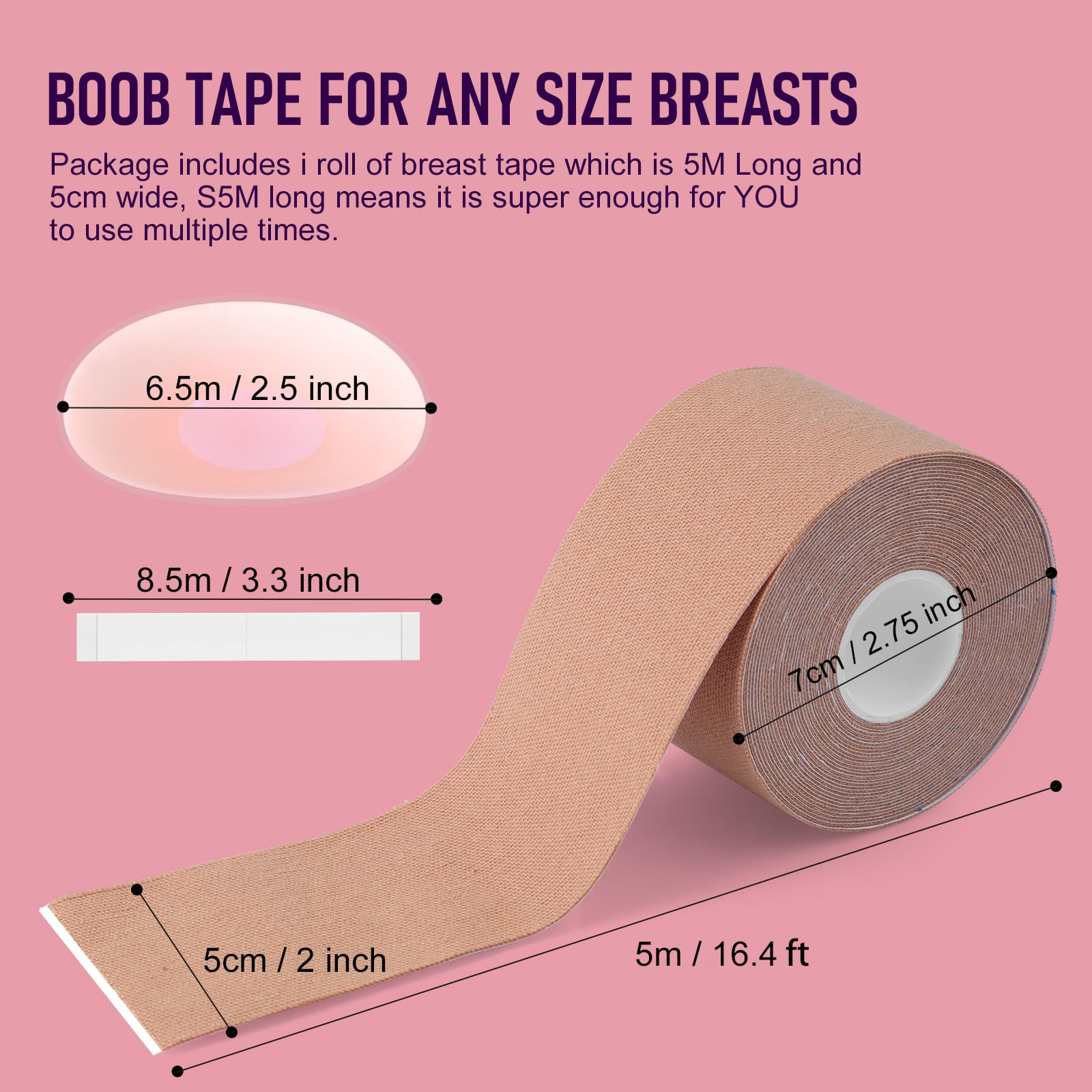 Ultimate Breast Tape Kit for Women, 1 Roll Boob Tape, 8 Pairs Nipple Covers, 41pcs Fashion Tape Strips and Test Pad, Hypoallergenic, Waterproof & Reusable for Dresses, Weddings, Sports - 5