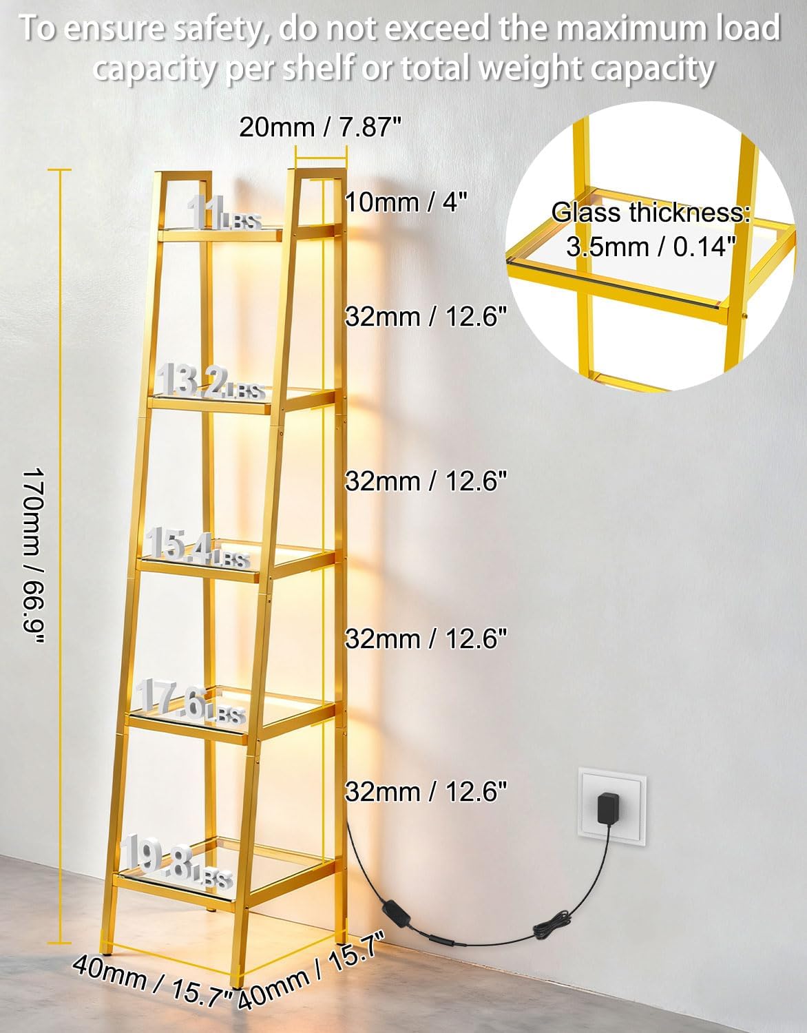 5-Tier Glass Display Shelf with RGB Light, 67" Ladder Bookshelf, Music Sync & 3 CCT, Dimmable App/Remote, Modern Freestanding Corner Storage Rack, Metal Organizer for Living Room Home Office, Gold