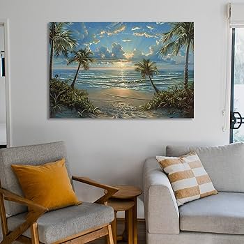 Amazon.co.jp: 絵画 ヤシの木のある美しいビーチ アートパネル
