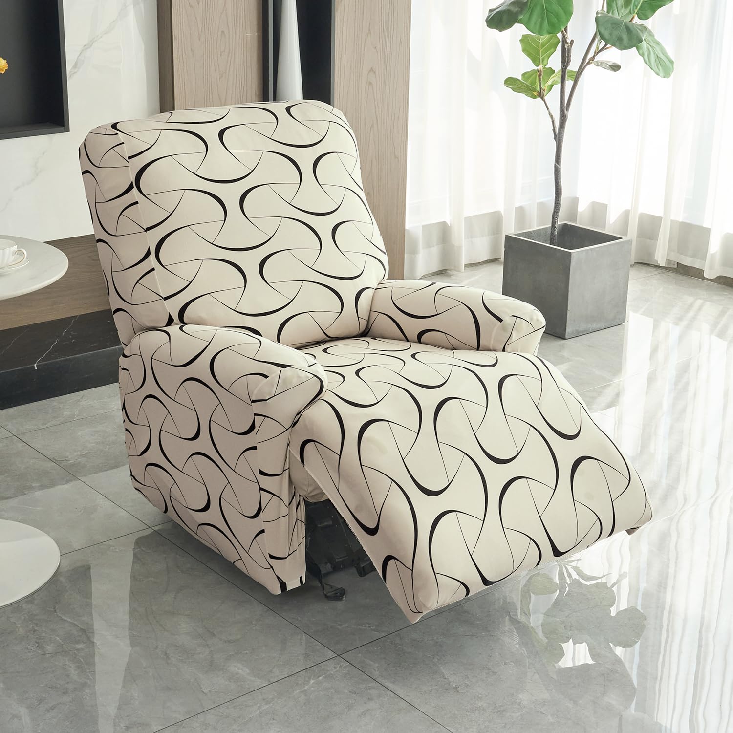 HOKIPO Polyester Blend 140Gsm Stretchable Recliner Sofa Cover 1 Seater, Natural Beige Abstract Art (Ar-4940-C4)