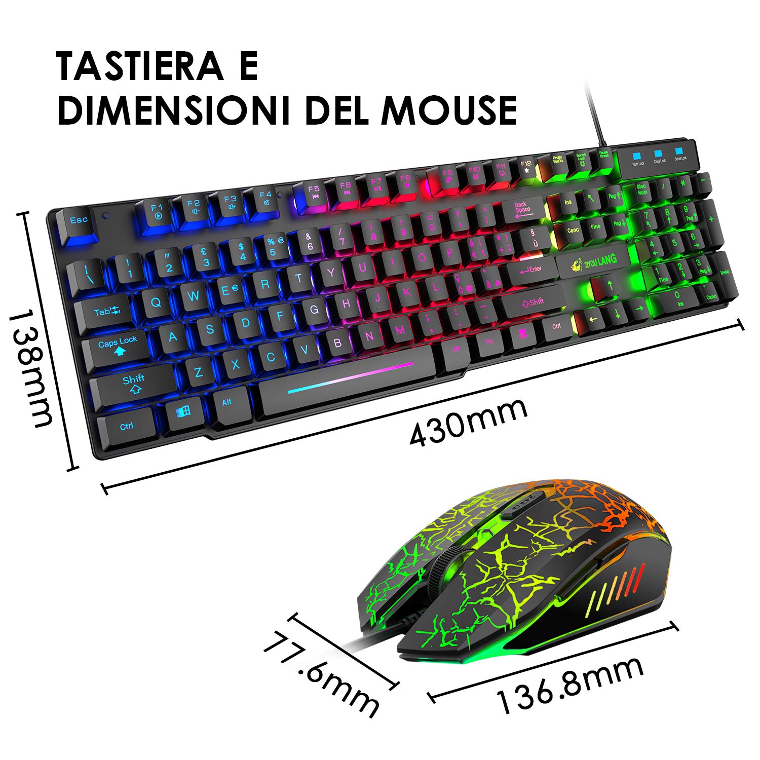 LexonElec T13 Nero IT Layout QWERTY Tastiera e Mouse da Gioco, USB Cablato Retroilluminato LED RGB Arcobaleno 19 tasti non conflittuali, 6 Tasti 2400 DPI colorato Mouse, per Laptop PC Linux PS4 Xbox