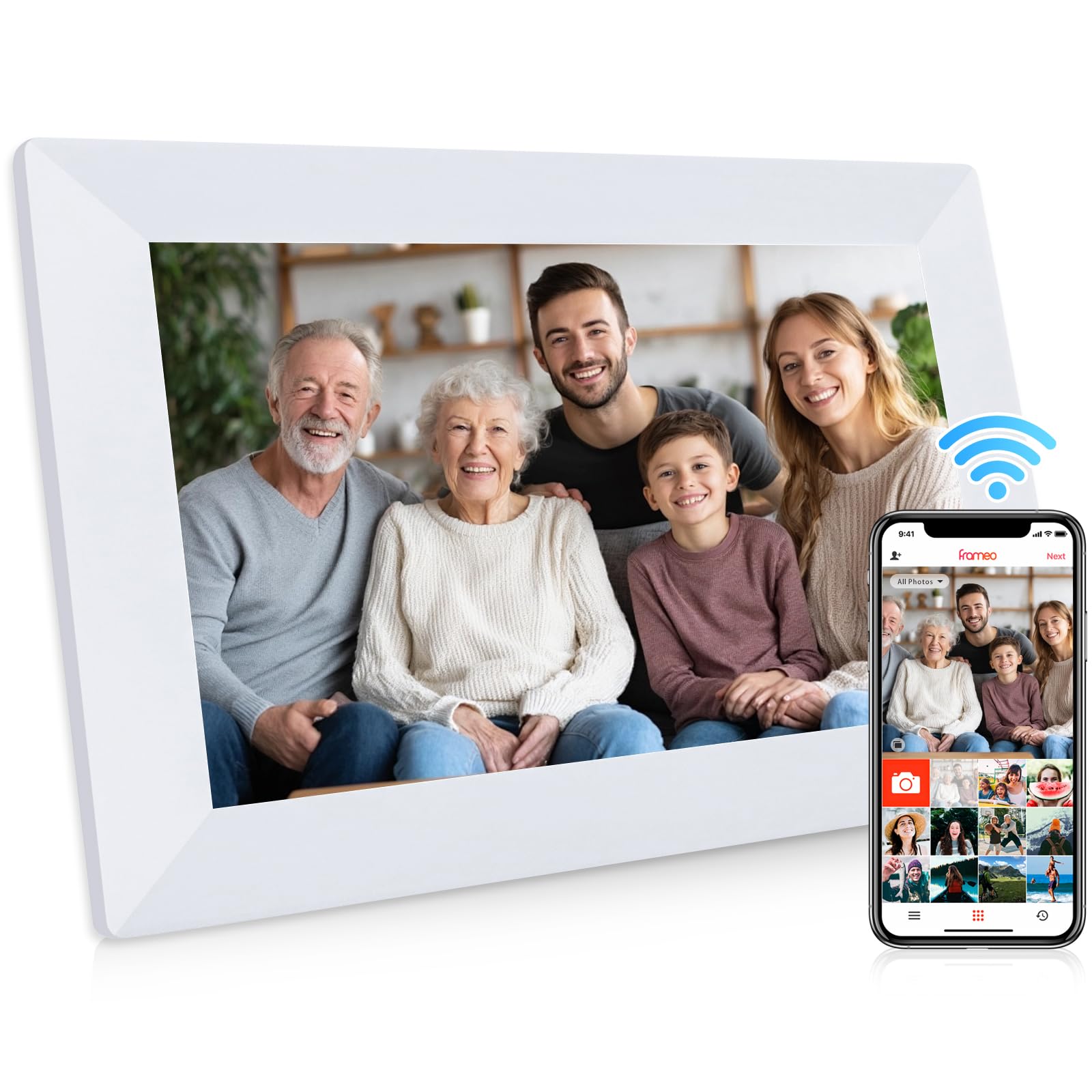 Frameo 10,1 Zoll WLAN Digitaler Bilderrahmen,1280x800 HD IPS Touchscreen Bilderrahmen,32GB Groß Speicher, Automatische Bilddrehung Unterstützt Wandmontage,Frameo APP Fotos Und Videos Jederzeit Teilen