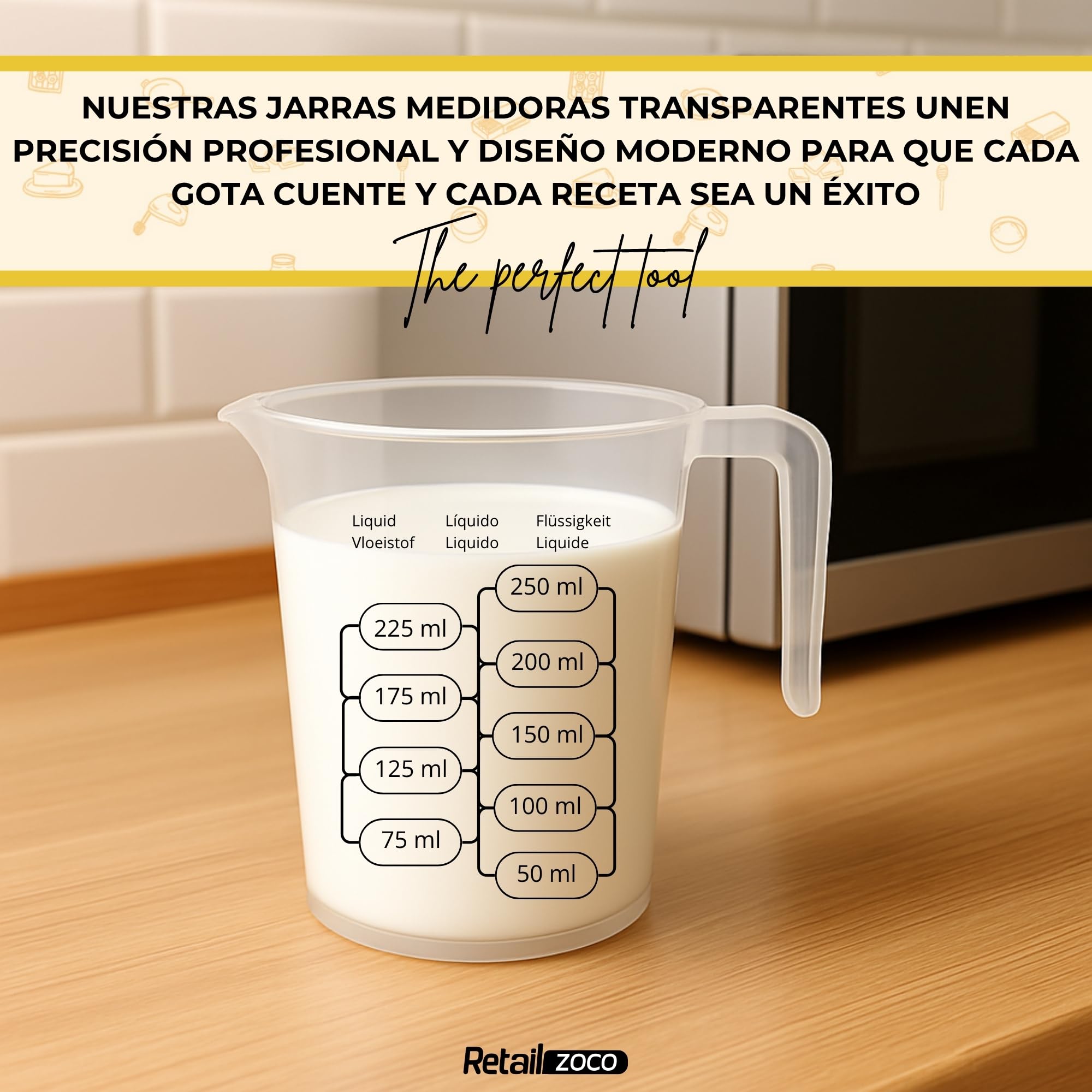 CHEFZOCO Jarra Medidora, Vaso medidor, Recipiente medidor para la cocina, Apto para calentar en microondas, Asa Ergonómica, Uso prolongado y repetido, Graduación dual ml/gr, Plástico, Transparente