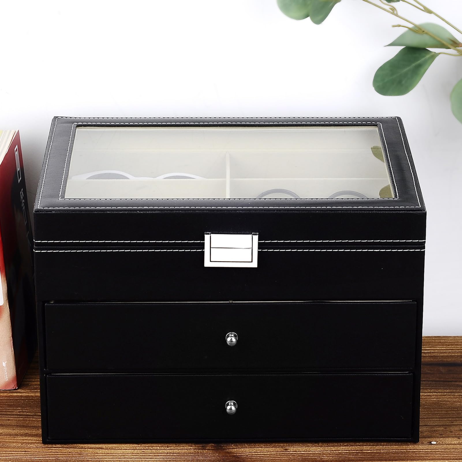 24 Pezzi di Occhiali da Sole Organizzatore di Occhiali Multipli Vetrina per Occhiali a 3 Livelli Scatola di immagazzinaggio Collezione di Cuoio Titolare con cassetto