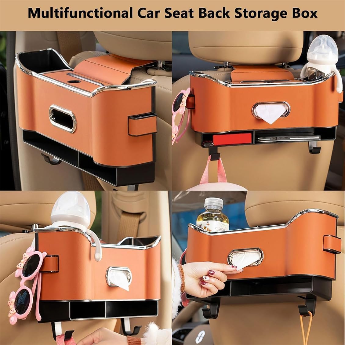 Scatola portaoggetti for schienale sedile, scatola porta fazzoletti portaoggetti 5 in 1 for seggiolino auto,nuovo organizer universale multifunzionale 2025 con 2 portabicchieri,scatola(Beige)