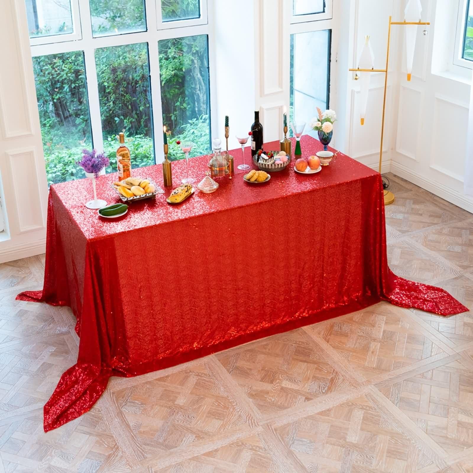 Mantel Rectangular Rojo Antimanchas Exterior, Color Sólido con Lentejuelas, de Poliéster Fácil de Limpiar, 153 x 300 cm, Mantel para Jardín y Terraza