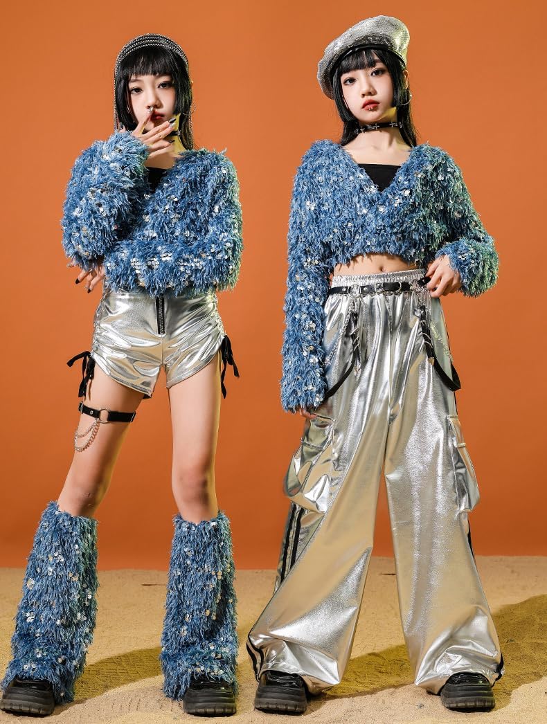 キッズダンス衣装 女の子 スパンコール セットアップ トップス カーゴパンツ 長ズボン 短パン ヒップホップ ジャズダンス衣装 ダン