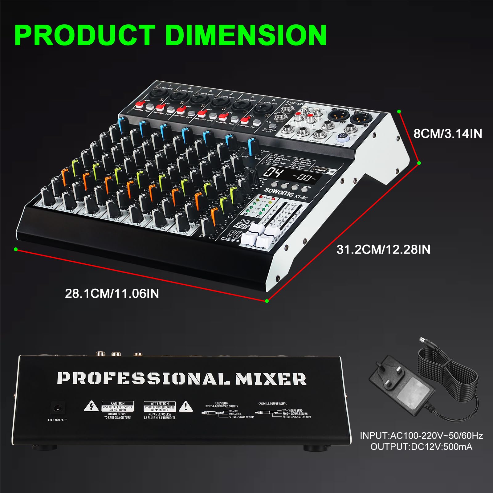 Mixer audio a 8 canali Mixer Console professionale con 99 effetti DSP, scheda di mixaggio del suono Mixer digitale DJ w/USB Bluetooth MP3 per la registrazione