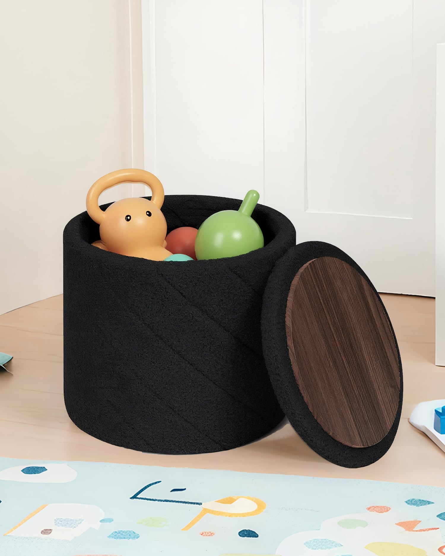 Bonlife Taburete Redondo otomano con Espacio de Almacenamiento, Taburete Plegable con Tapa, Taburete para salón, Dormitorio, Entrada, Color Negro, 33 x 33 x 35 cm