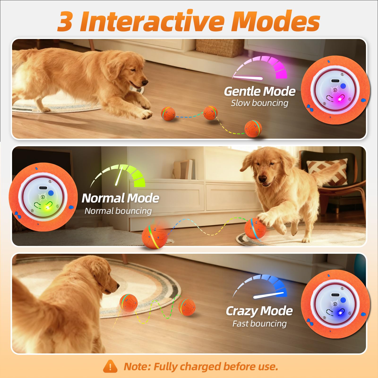 Balles interactives pour chien : balles mobiles automatiques de 8,9 cm pour chiens, 3 modes avec lumières colorées, matériau E-TPU durable, jouet actif auto-roulant, rebondissant et rotatif pour les