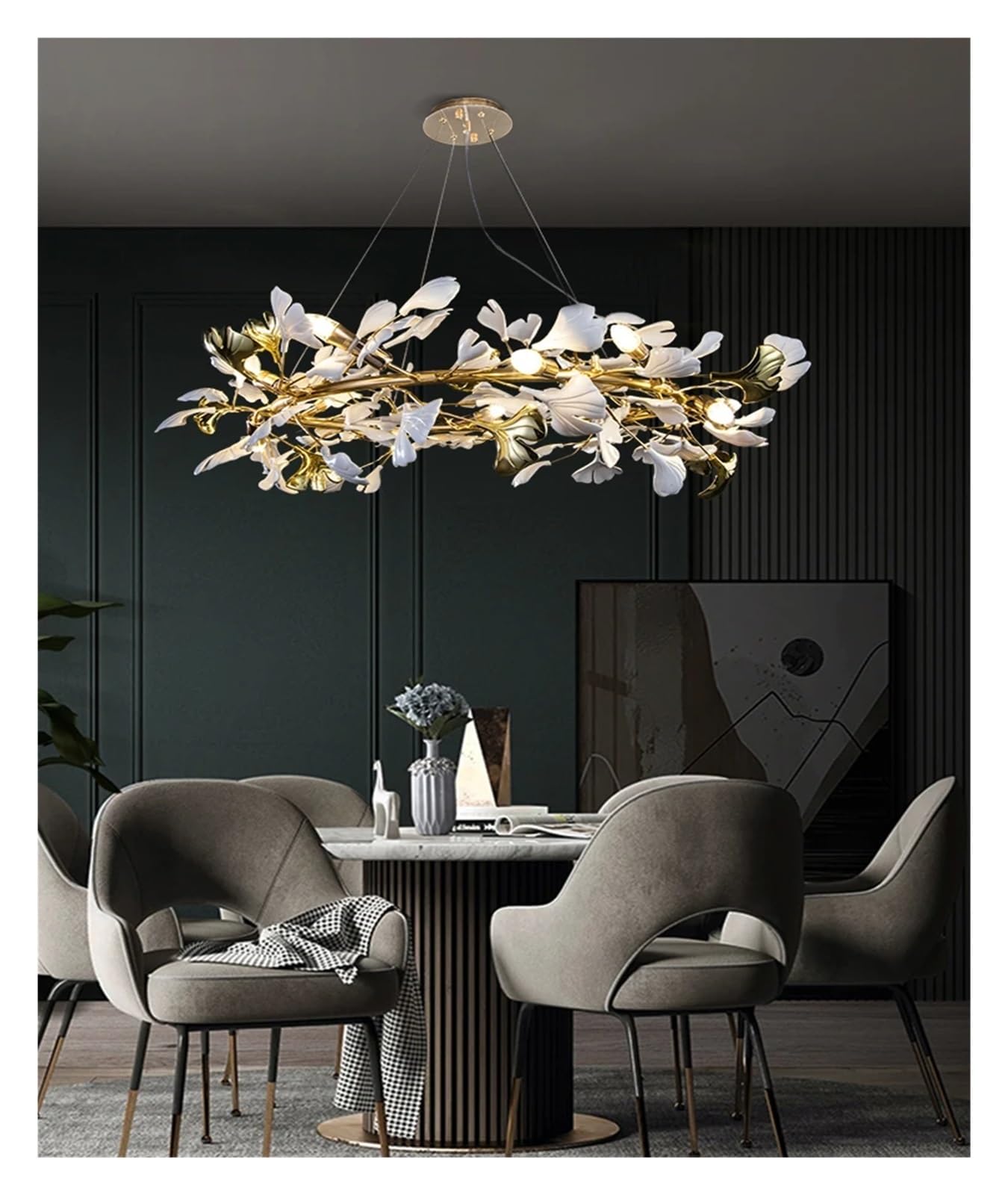 ASerZenith Ginkgo Leaf Crystal Chandeliers For Dining Kitchen Table Living Room Bedroom Nordic Long Tree Branch Hanging Chandelier Light,3Color Light-Round 80Cm