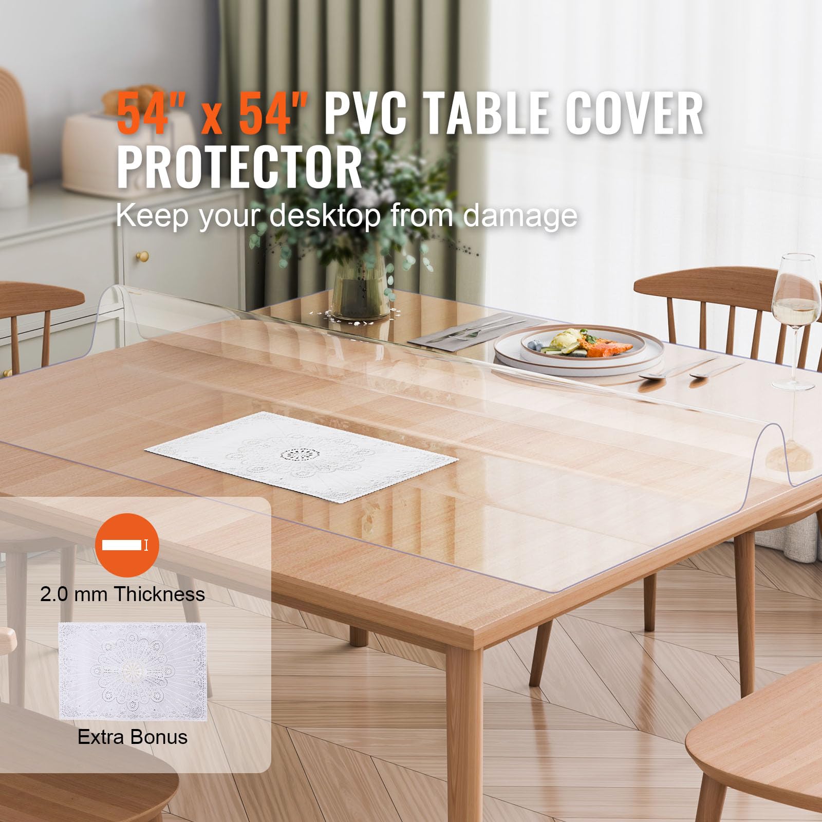 Happybuy Plastic Table Cover, 54 x 54 Inch 2.0 mm Thick Clear Table Protector, Square PVC Desk Mat, Waterproof & Easy to Clean Desk Pad for Office, Dining, Night Stand