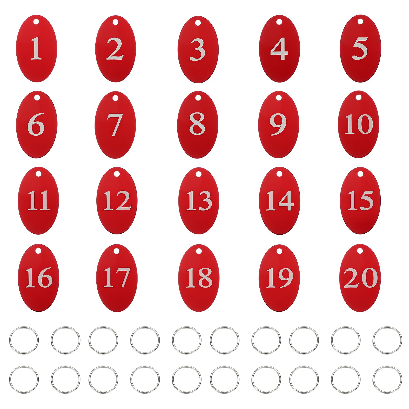 PATIKIL 20PCS Number Tags 1-20, Table Number Key Tags Aluminum Numbered Keychain Metal Oval with Key Rings for Organizer Field Sales Hangers Clothes Labels ID, Red