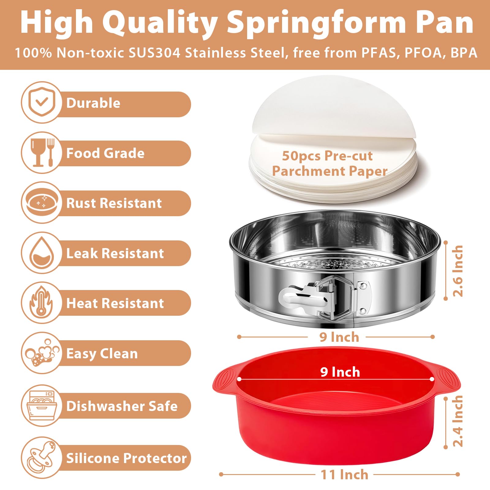 Molde desmontable de acero inoxidable de 9 pulgadas, antiadherente, a prueba de fugas, para tarta de queso, molde para tartas de queso con protector, molde redondo para tartas con fondo