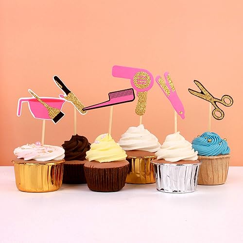 Miniatura 4 de Ercadio Paquete de 36 adornos para cupcakes temáticos de barbería con purpurina dorada para corte de pelo para despedida de soltera, despedidas de