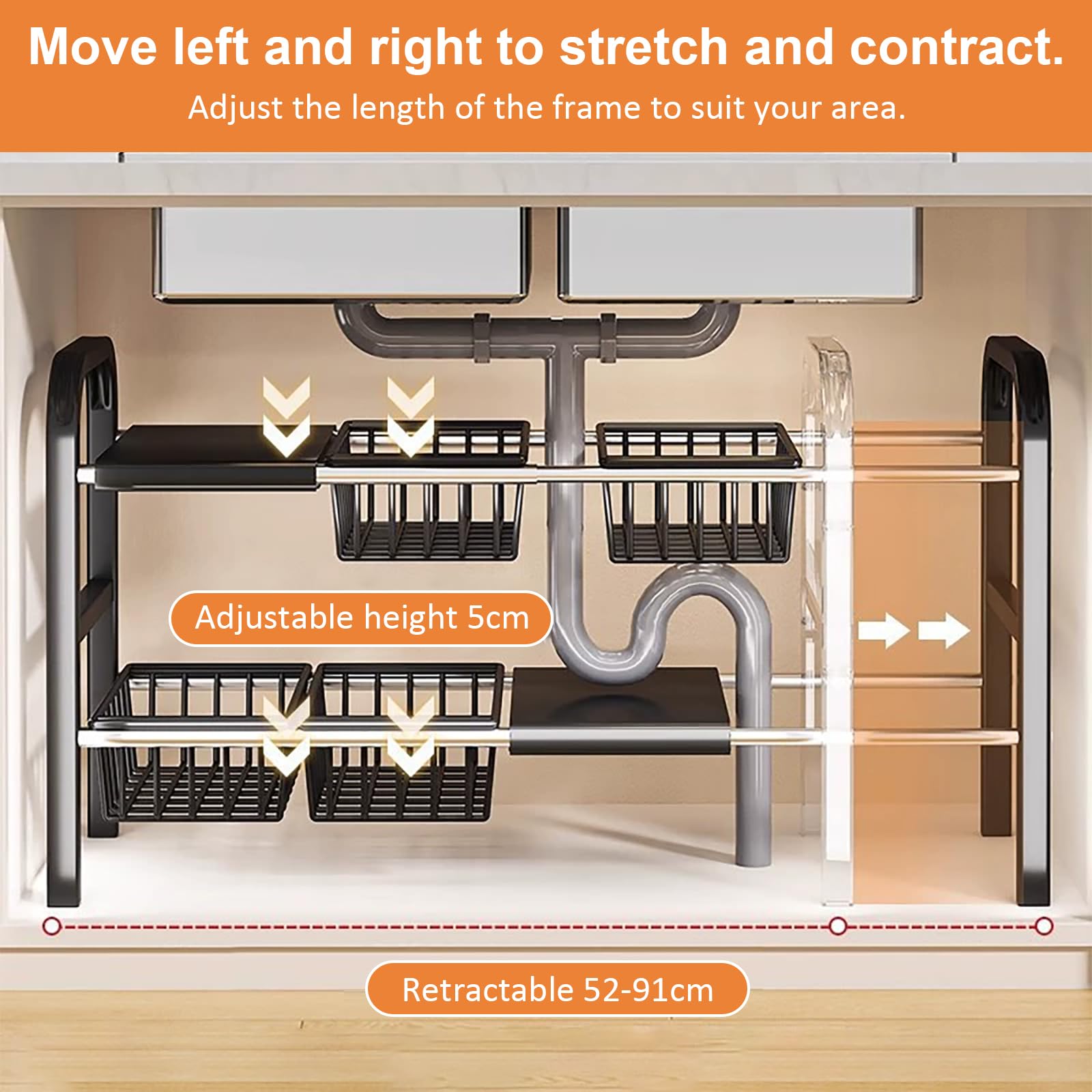 Organizer per armadio a 2 ripiani, regolabile in altezza, larghezza estensibile (68-91 cm), con 4 cesti rimovibili, pareti laterali rimovibili, organizer per armadio per cucina e bagno