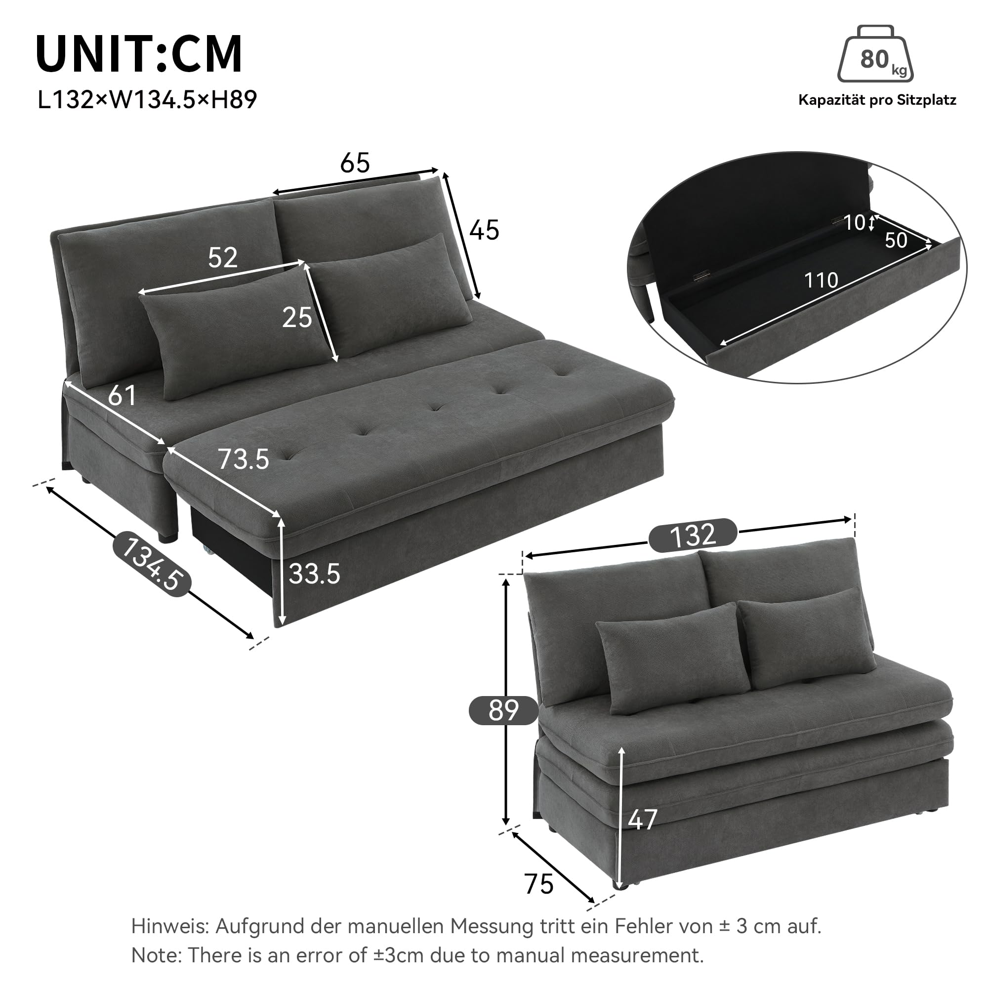 Doppelsofa, Polstersofa, klappbares Schlafsofa,Schlafsofa mit Schlaffunktion, Chenille-Stoff, Dicke Kissen, ausziehbare Aufbewahrungsbox. Geeignet für Wohnzimmer (Grau)