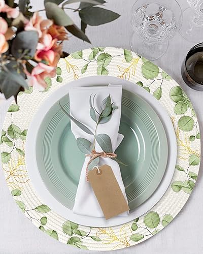 Miniatura 3 de Juego de 4 manteles individuales redondos, manteles individuales redondos de acuarela con hojas verdes para mesa de comedor, manteles individuales