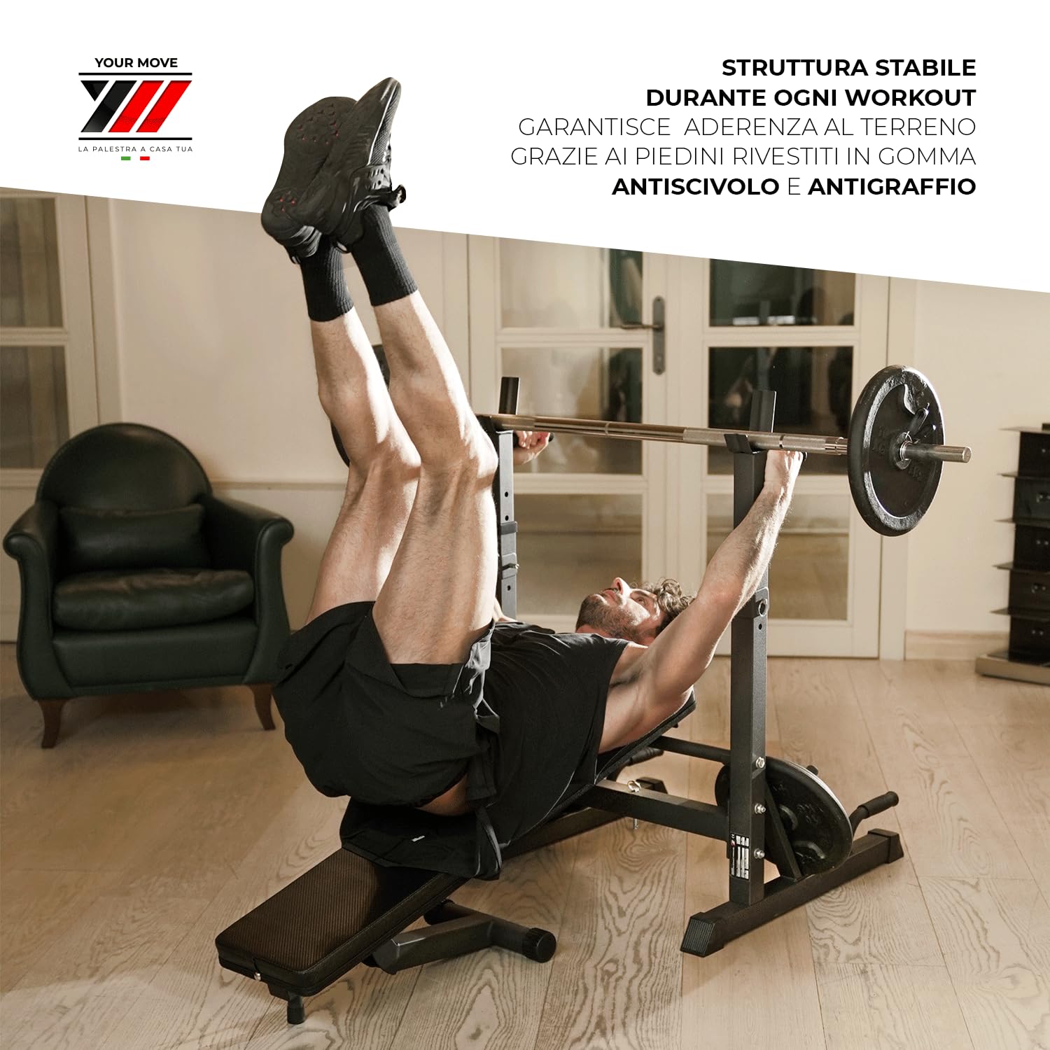 YM Bench Weight, Panca Sollevamento Pesi Professionale Regolabile con Porta Bilanciere, Acciaio Inossidabile, Verniciatura a Sabbia, Morbidi Cuscini in Schiuma in Similpelle, Schienale Inclinabile
