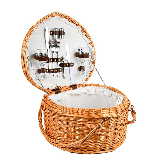 Buy Heart Wicker Picnic Basket Set for 2 Romantic, Cute Picknick Cooler