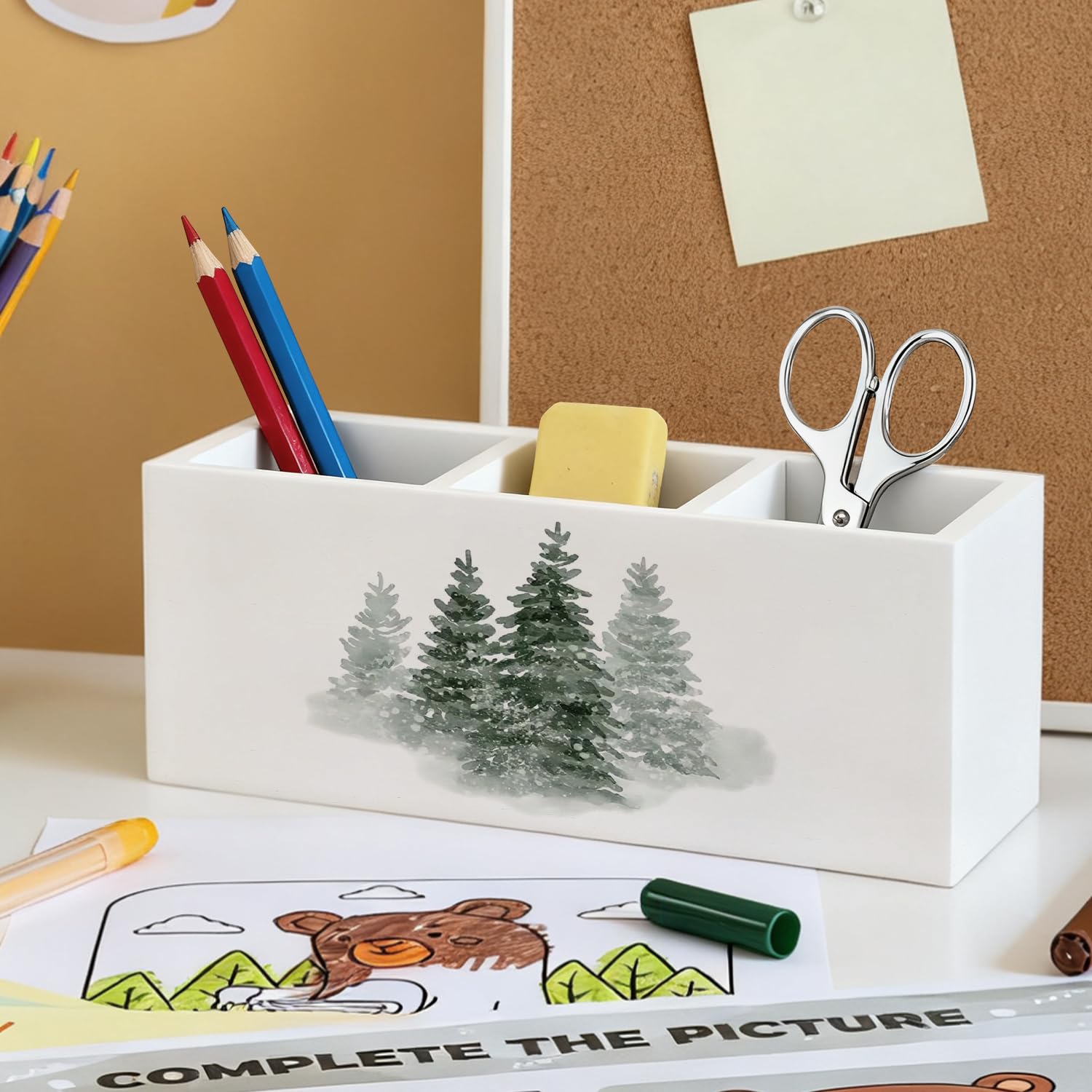 Portapenne organizer per scrivania, albero di Natale, foresta invernale, albero di pino paesaggio, decorazioni natalizie, decorazione per ufficio per casa, camera da letto, soggiorno