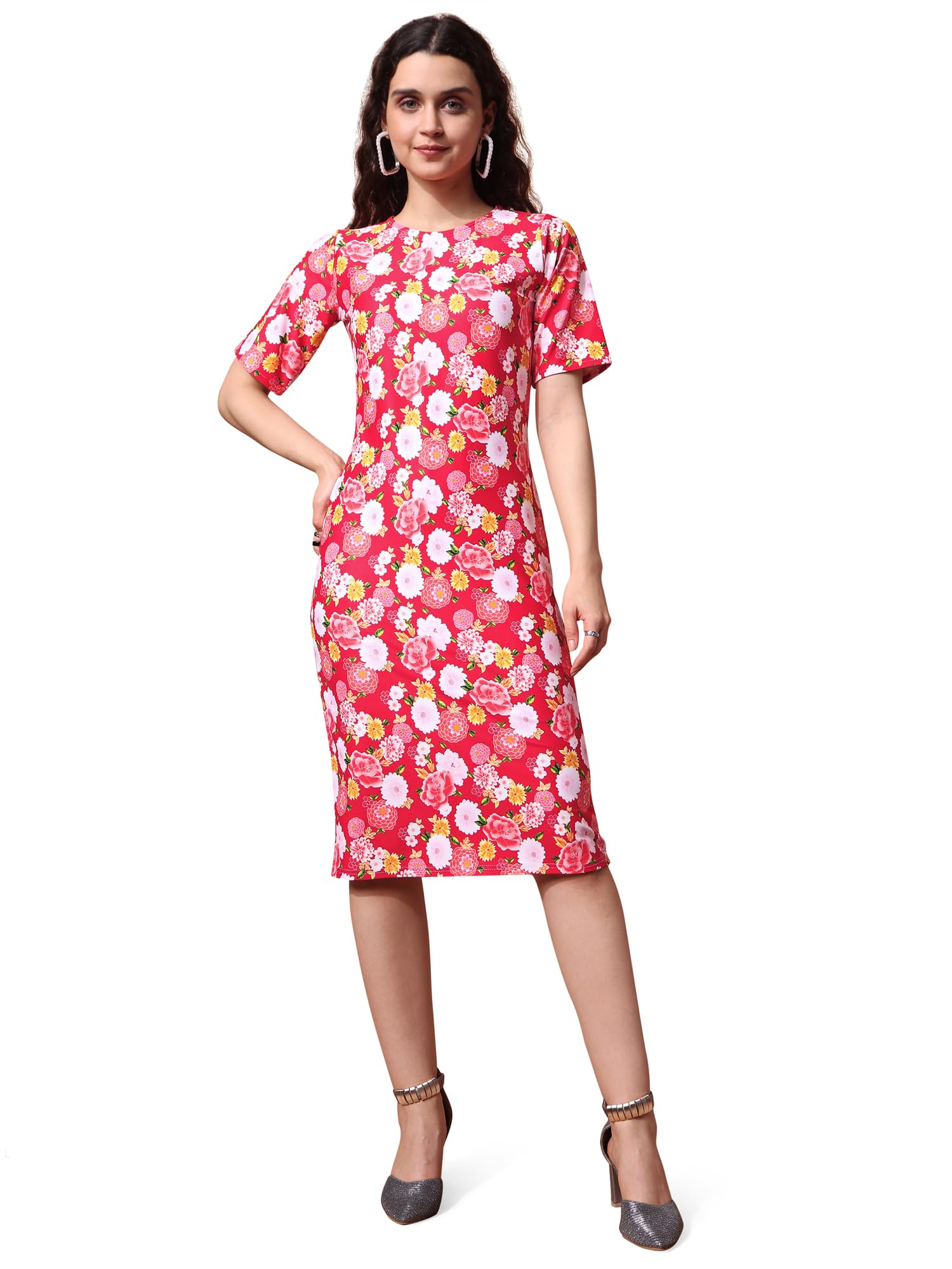 Purvaja Womens Bodycon Knee Length Dress (Wini-032-Cherry_Red_Large)