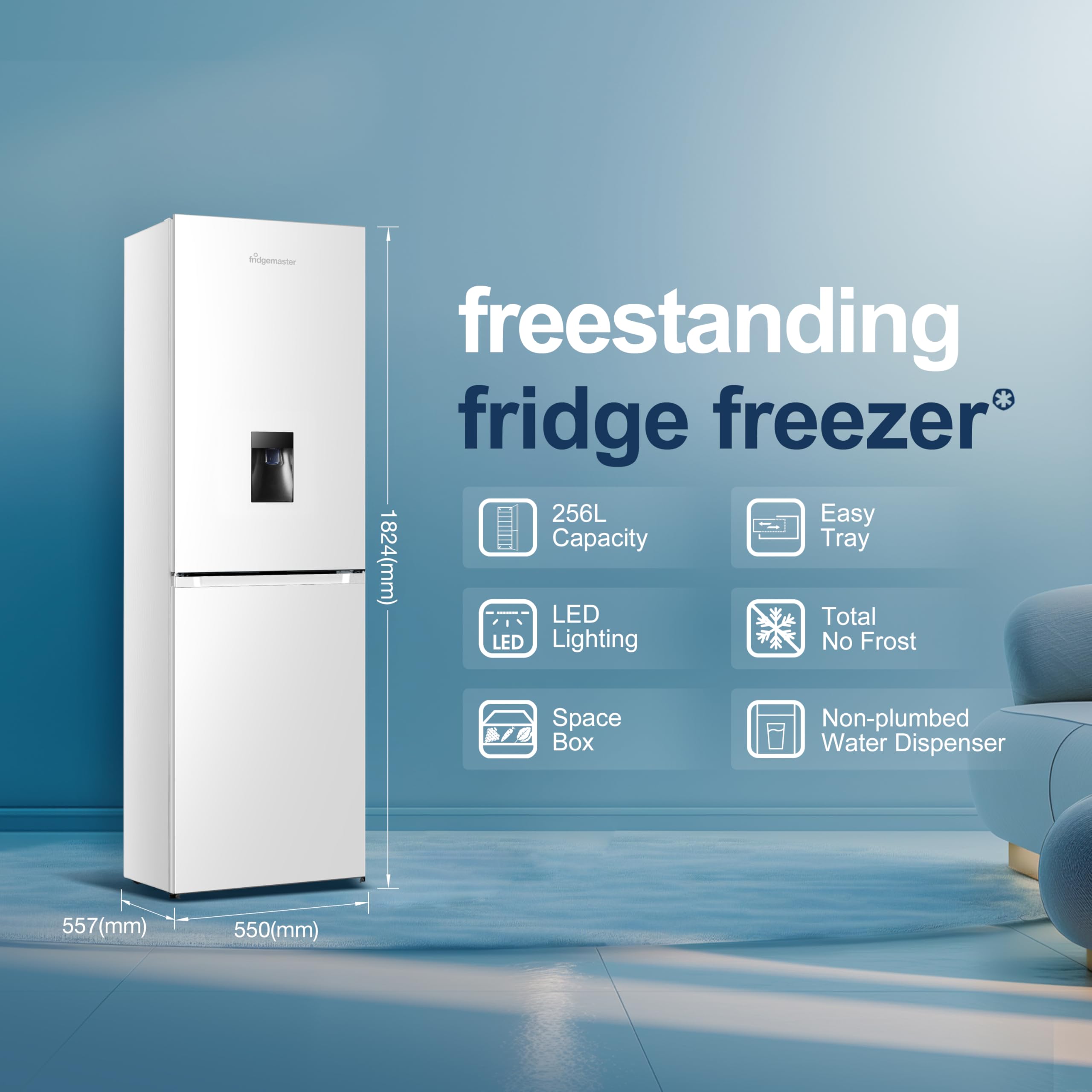 Fridgemaster MC55251DE 55cm Freestanding 256 litre 50/50 Fridge Freezer with Non-plumbed Water Dispenser - Frost Free - LED Lighting- 4 Star Freezer Rating -White - E Rated, H182.4 x W55 x D55.7 (cm) — view 2