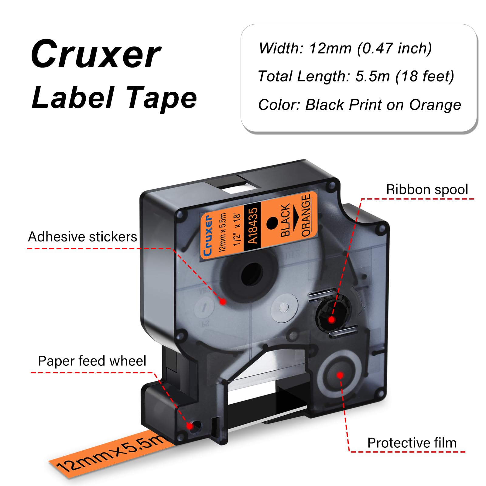 Cruxer Paquete de 30 cintas de etiquetas de vinilo compatibles con Dymo IND 18435 S0718490 A18435, negro sobre naranja, 12 mm x 5,5 m, repuesto para Dymo Rhino 1000 4200 6000 LabelWriter 450 Duo ILP