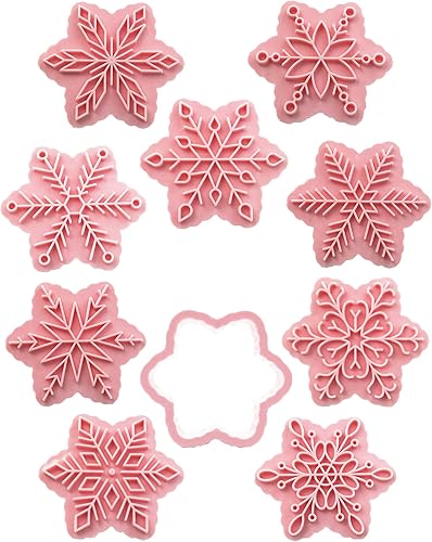 Juego de 9 patrones de sellos de galletas de copo de nieve 3D, plástico de grado alimenticio, 6 ramas con forma de copos de nieve, cortadores de