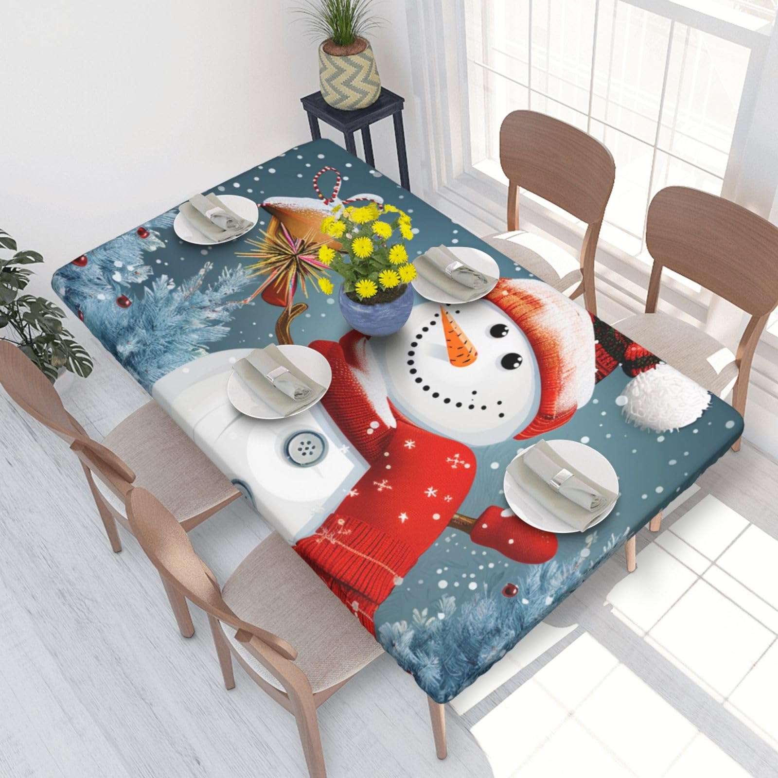 DCARSETCV Merry Christmas Printed 4FT Waterproof Tablecloth with Elastic Edged Protect & Decor Your Table, Oil-proof Washable Table Cloth Cover for Dinner Picnic Party