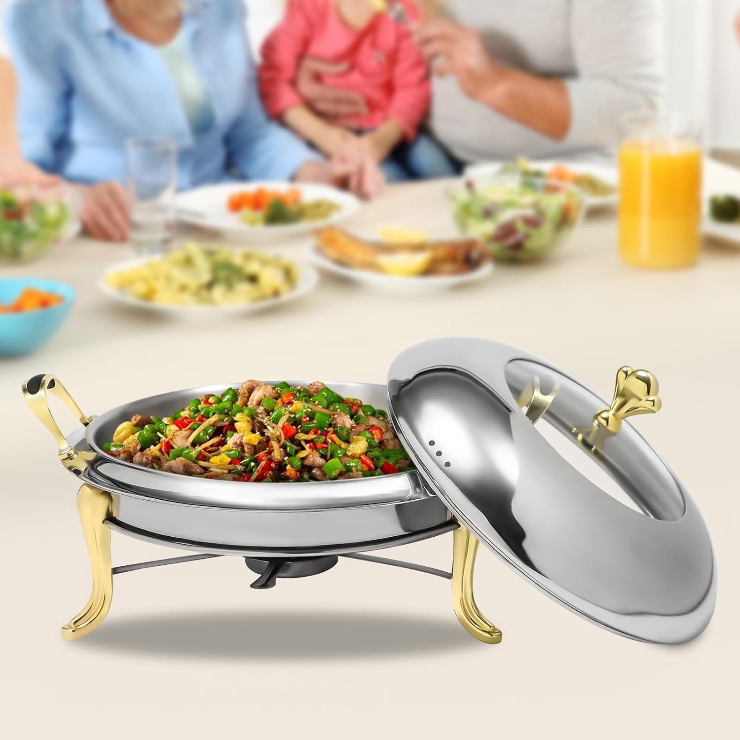 Chafing Dishes for Buffet 4 Pack - 2.64QT Stainless Steel Round Chafing Dishes with Lids, Food Warmers for Weddings, Parties, and Catering Events, Elegant Buffet Servers and Warmers, Gold