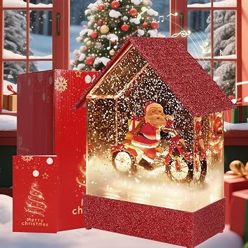 VITAKEO-Musical Snow Globe House with 8 Christmas Songs - Motorcycle, Christmas Snow Globes House Holiday Festival Christmas Decoration,USB or Battery Powered.7.8x5.12.7"