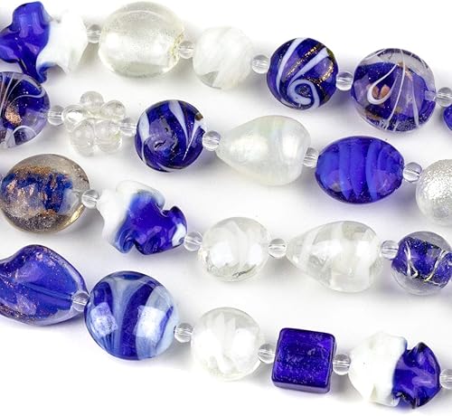 Cuentas mezcladas de cristal de Lampwork hechas a mano en azul cobalto y blanco, 4 hebras surtidas de 8 pulgadas