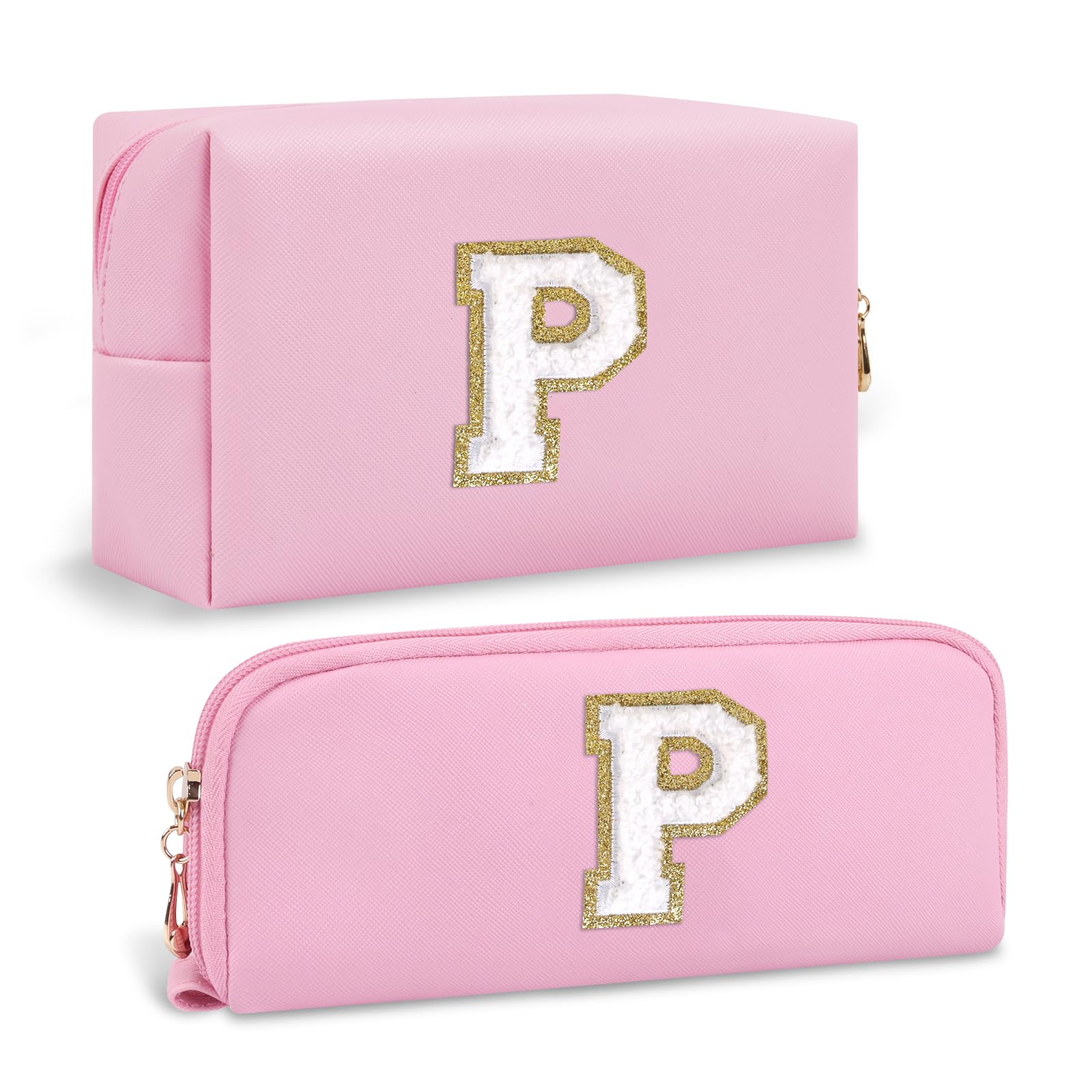 2 PCS Personalized Initial A-Z Preppy Cosmetic Bag with Small Makeup Brush Bag, Cute Pink Travel Cosmetic Toiletry Zipper Pouch, Waterproof Make Up Brush Organizer Christmas Gifts for Women(Letter P)